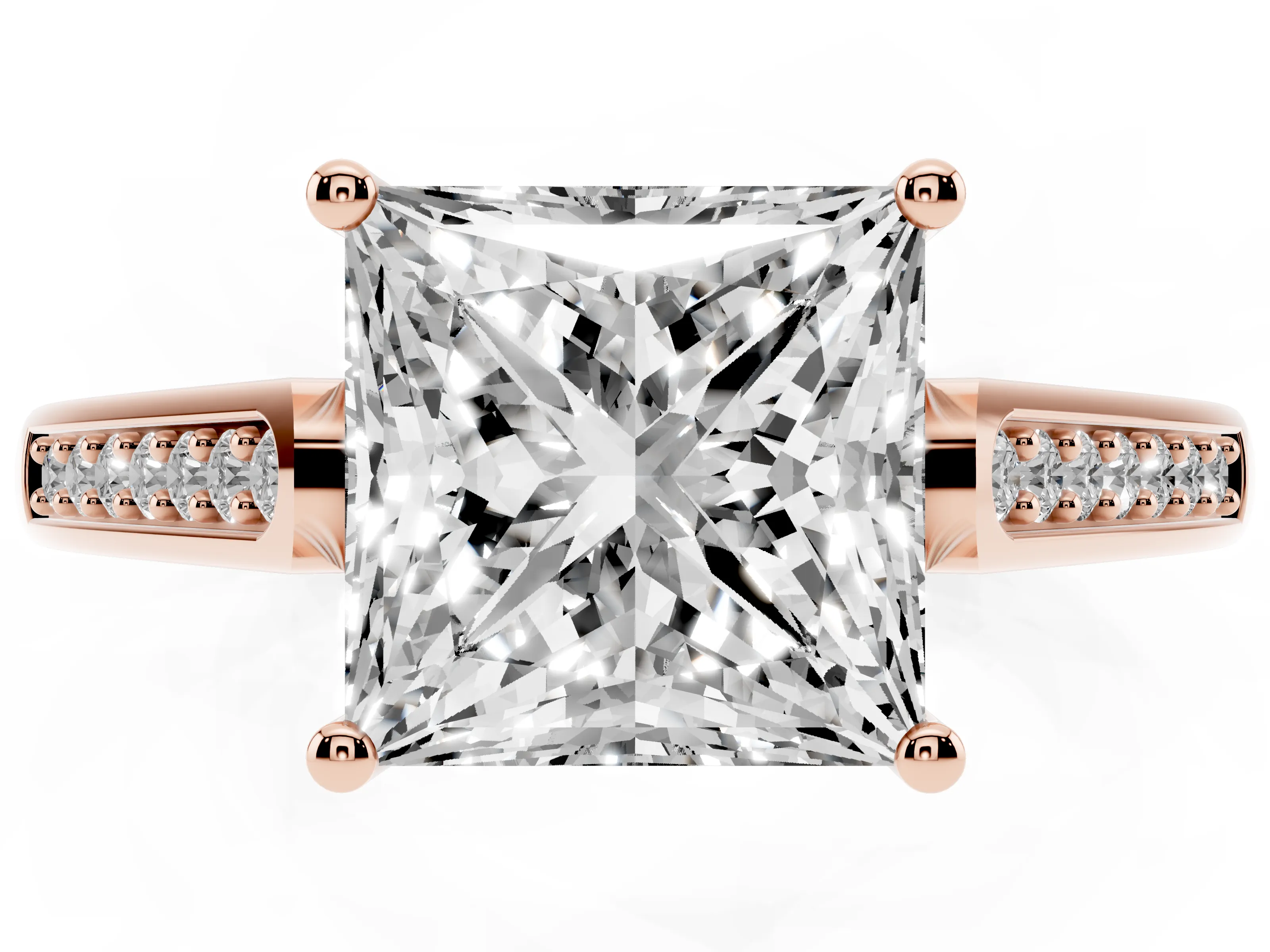 Princess Cut Diamond Solitaire Cathedral Engagement Ring Set in Rose gold with Channel-Set Band and Prong Setting