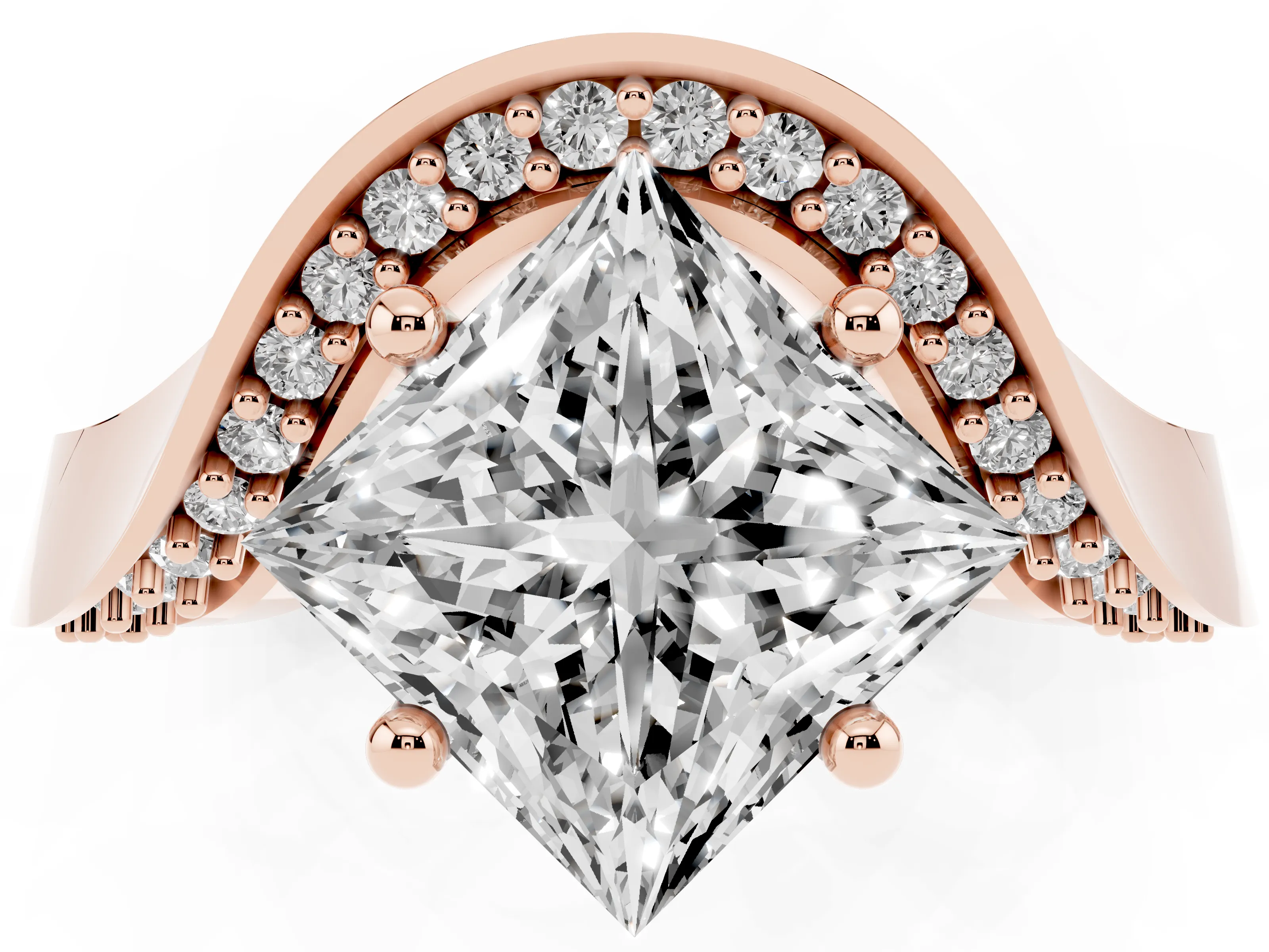 Princess Cut Diamond Solitaire Engagement Ring Set in Rose gold with Pavé Shoulders