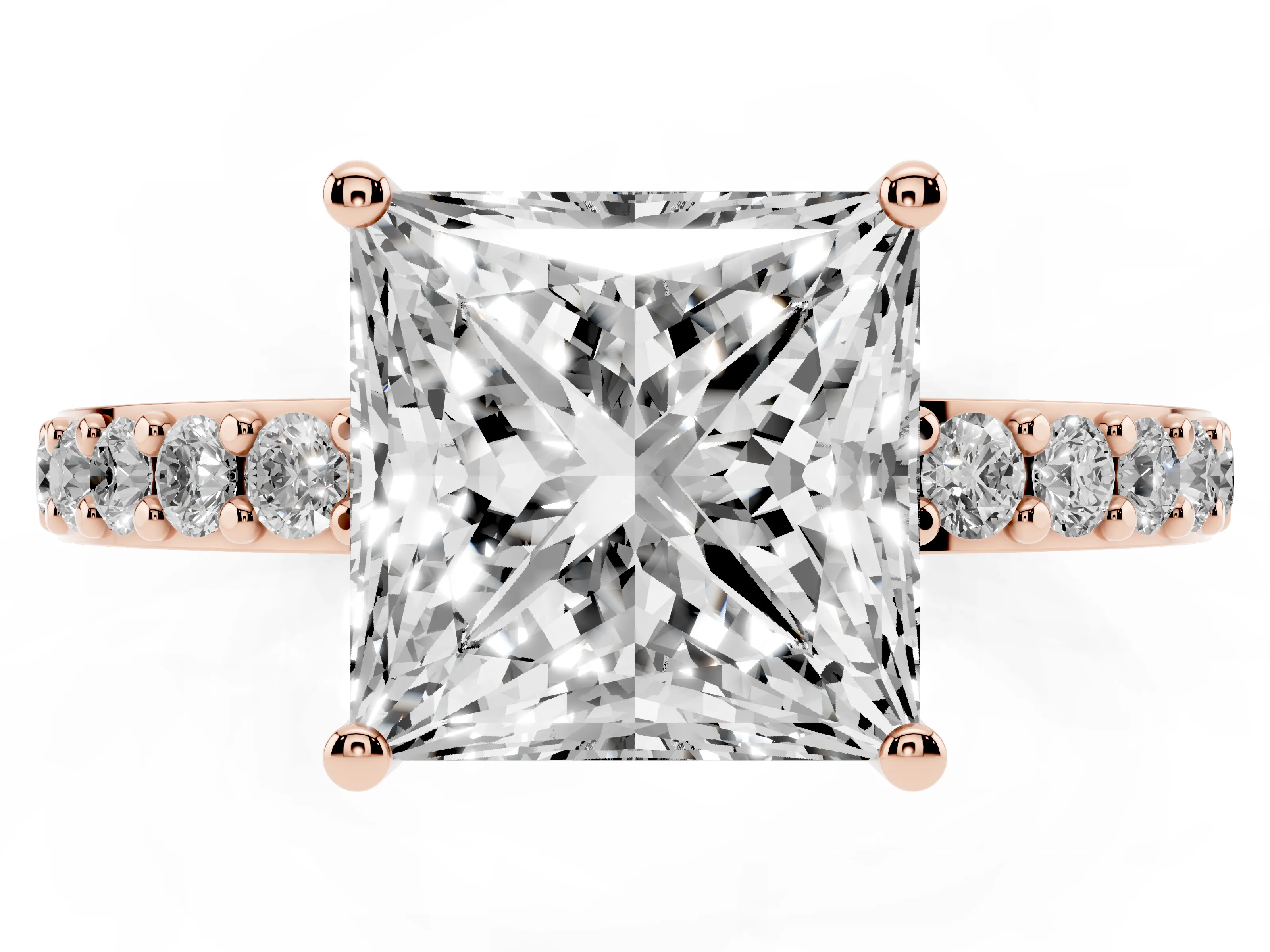 Princess Cut Diamond Solitaire Set in Rose gold with Round Pavé Band and Prong Setting