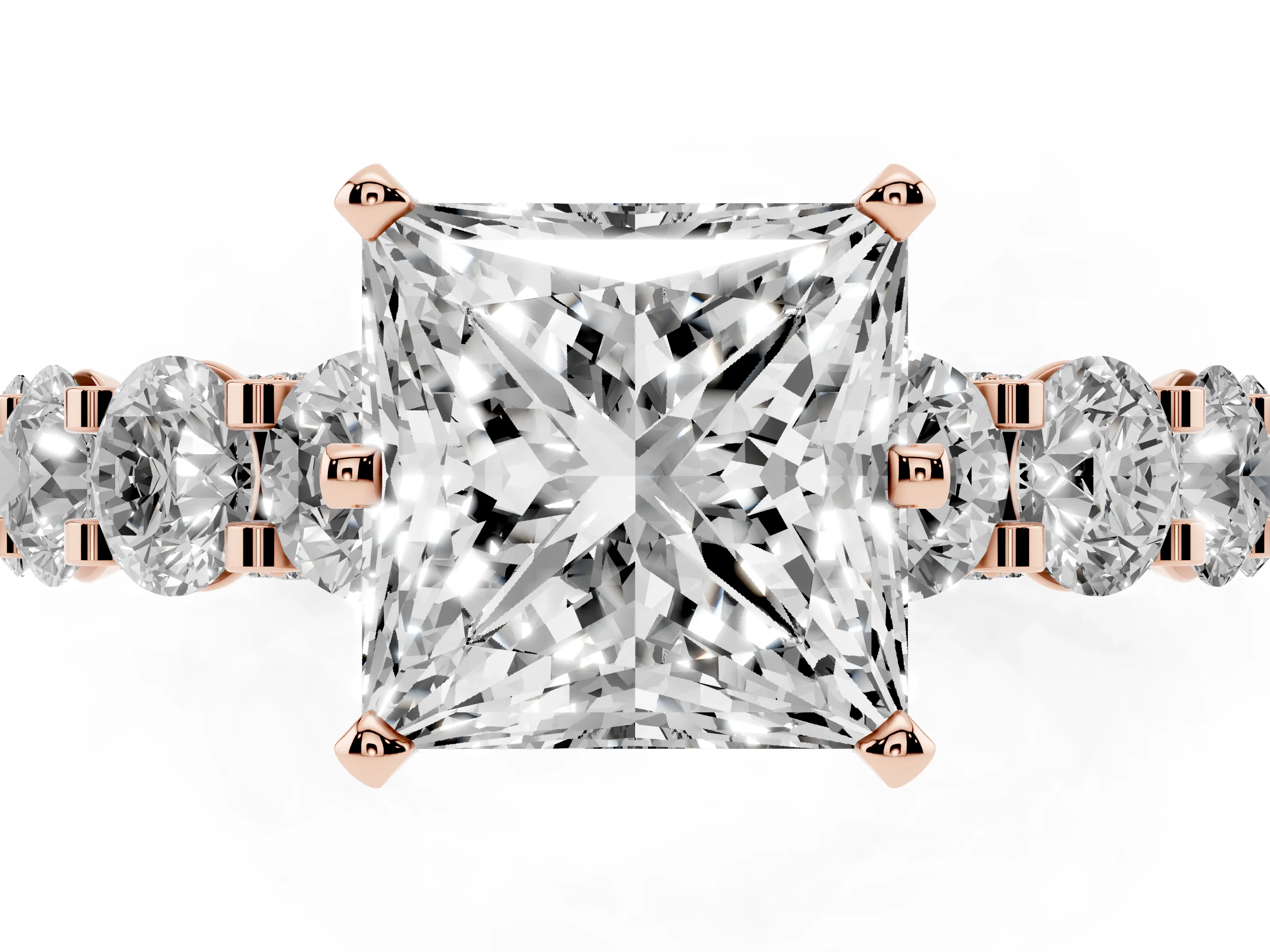 Princess Cut Diamond Side Stone Ring Set in Rose gold with Alternating Round and Oval Side Stones