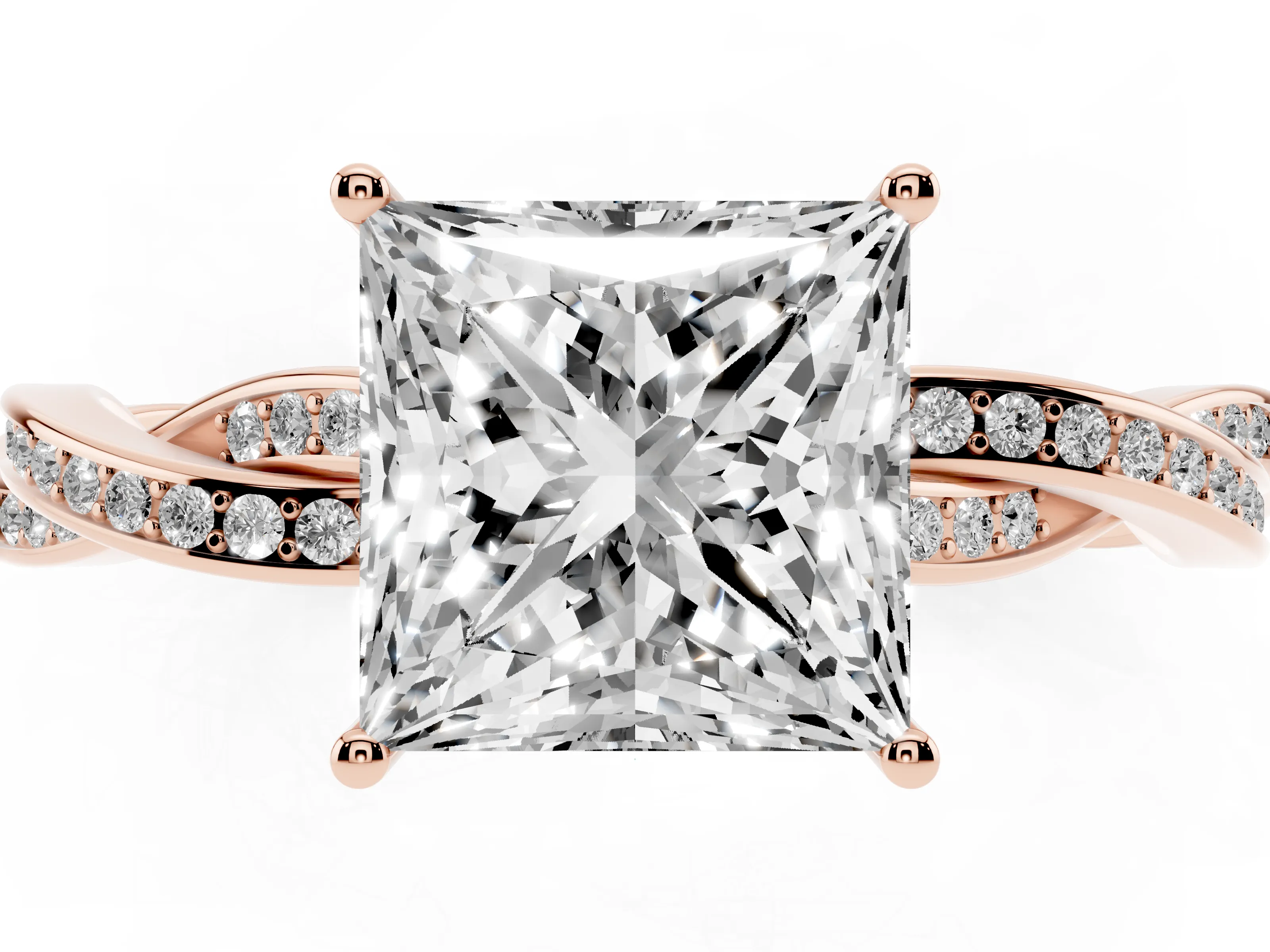 Princess Cut Diamond Solitaire Twisted Pavé Ring Set in Rose gold with Prong Setting