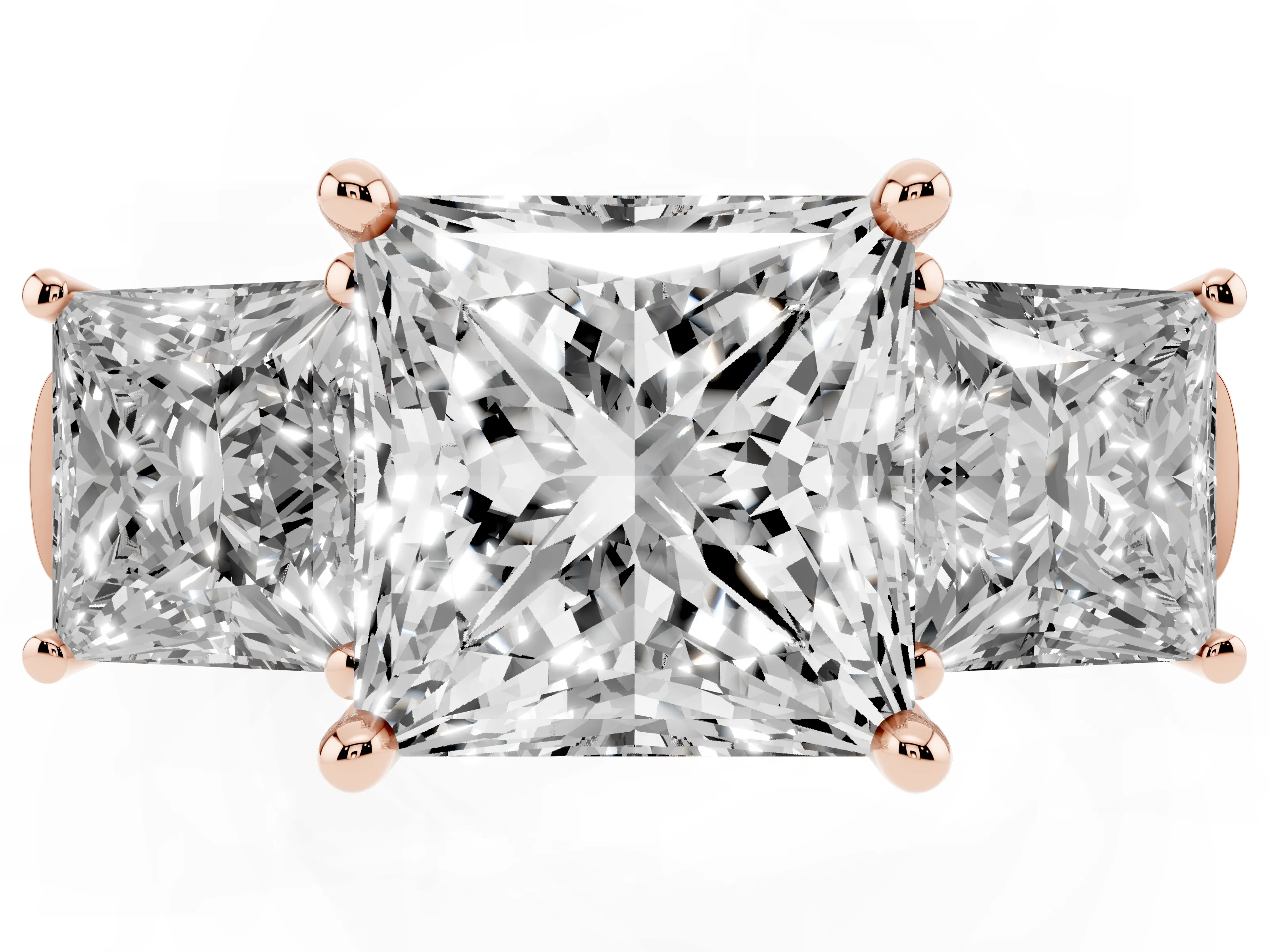 Princess Cut Diamond Three-Stone Trellis Ring Set in Rose gold with Comfort Fit Band