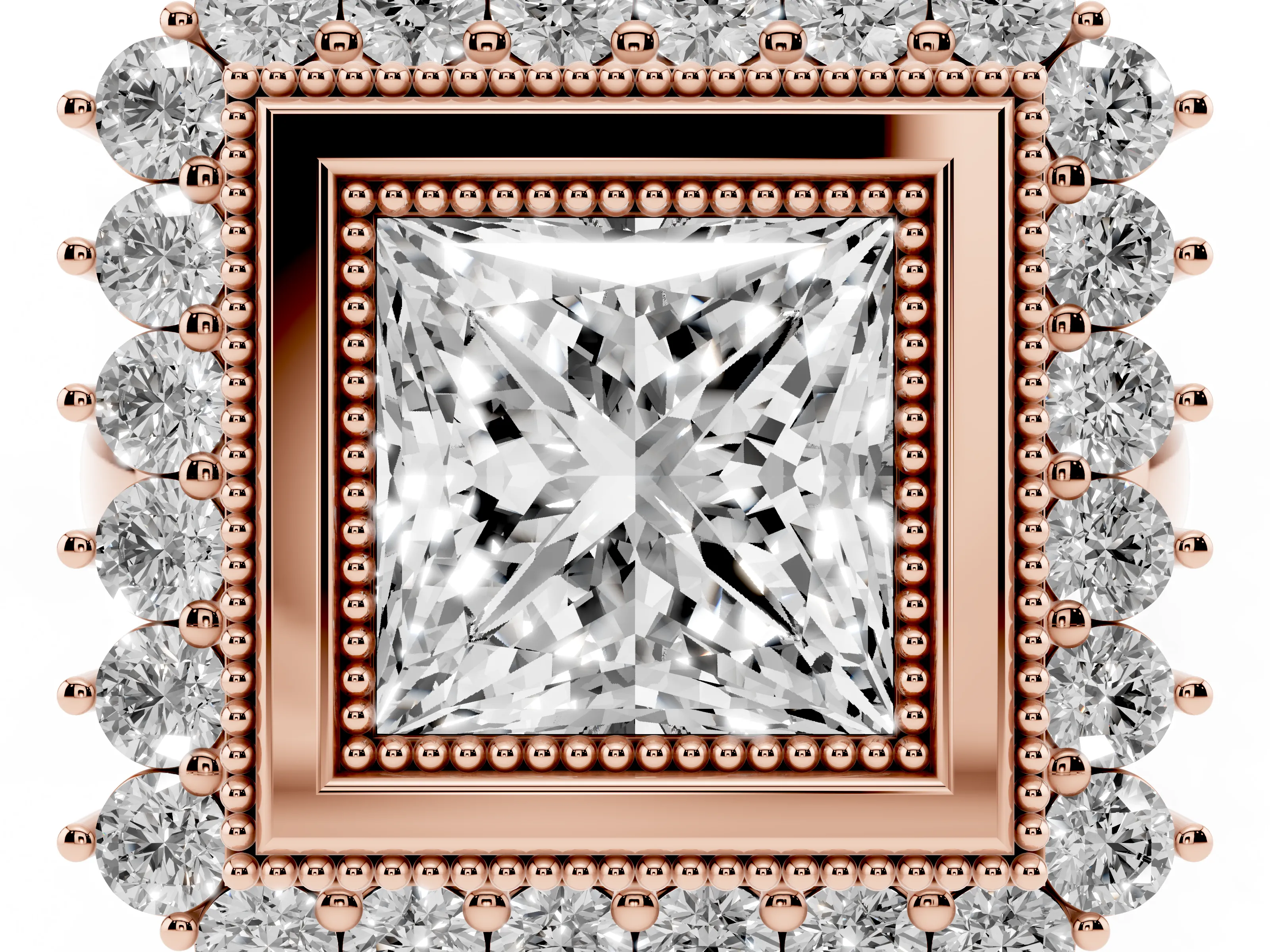 Princess Cut Diamond Halo Ring Set in Rose gold with Milgrain Edge and Round Prong Setting