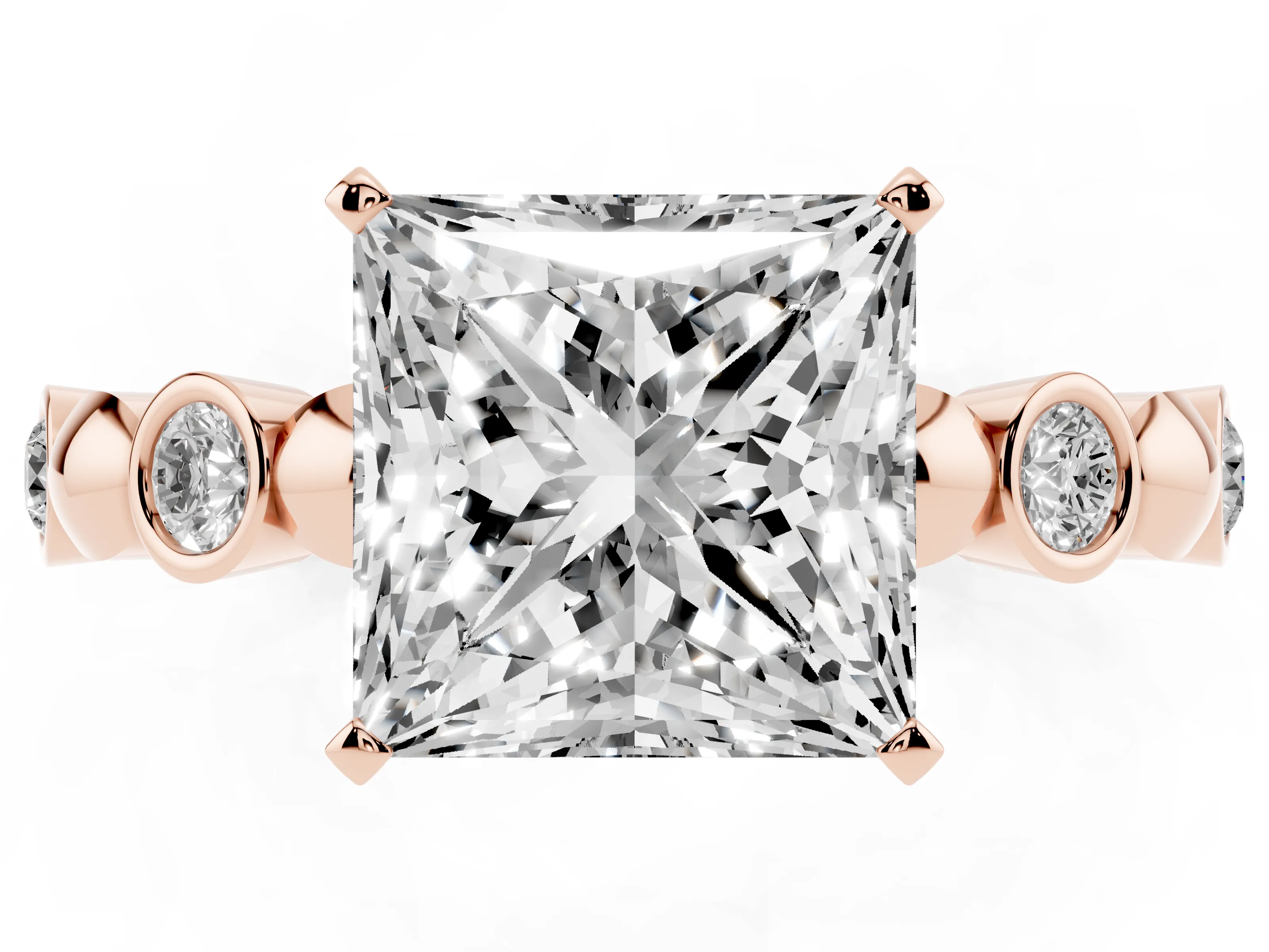 Princess Cut Diamond Solitaire Ring Set in Rose gold with Bezel-Set Accents on Beaded Band and Prong Setting