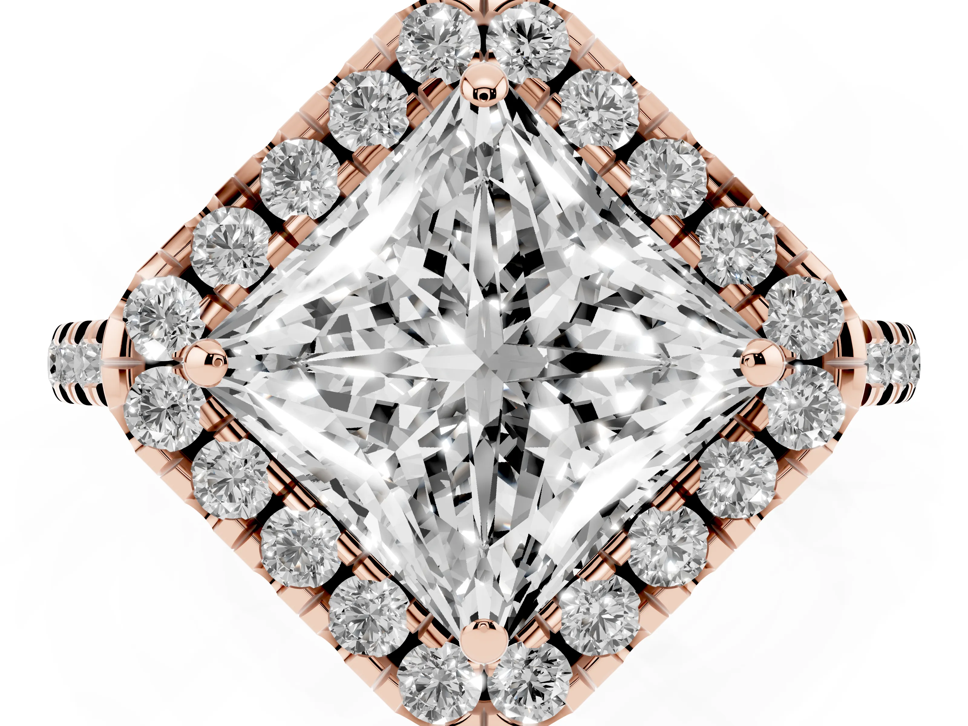 Princess Cut Diamond Cushion Halo Ring Set in Rose gold with Pavé Band