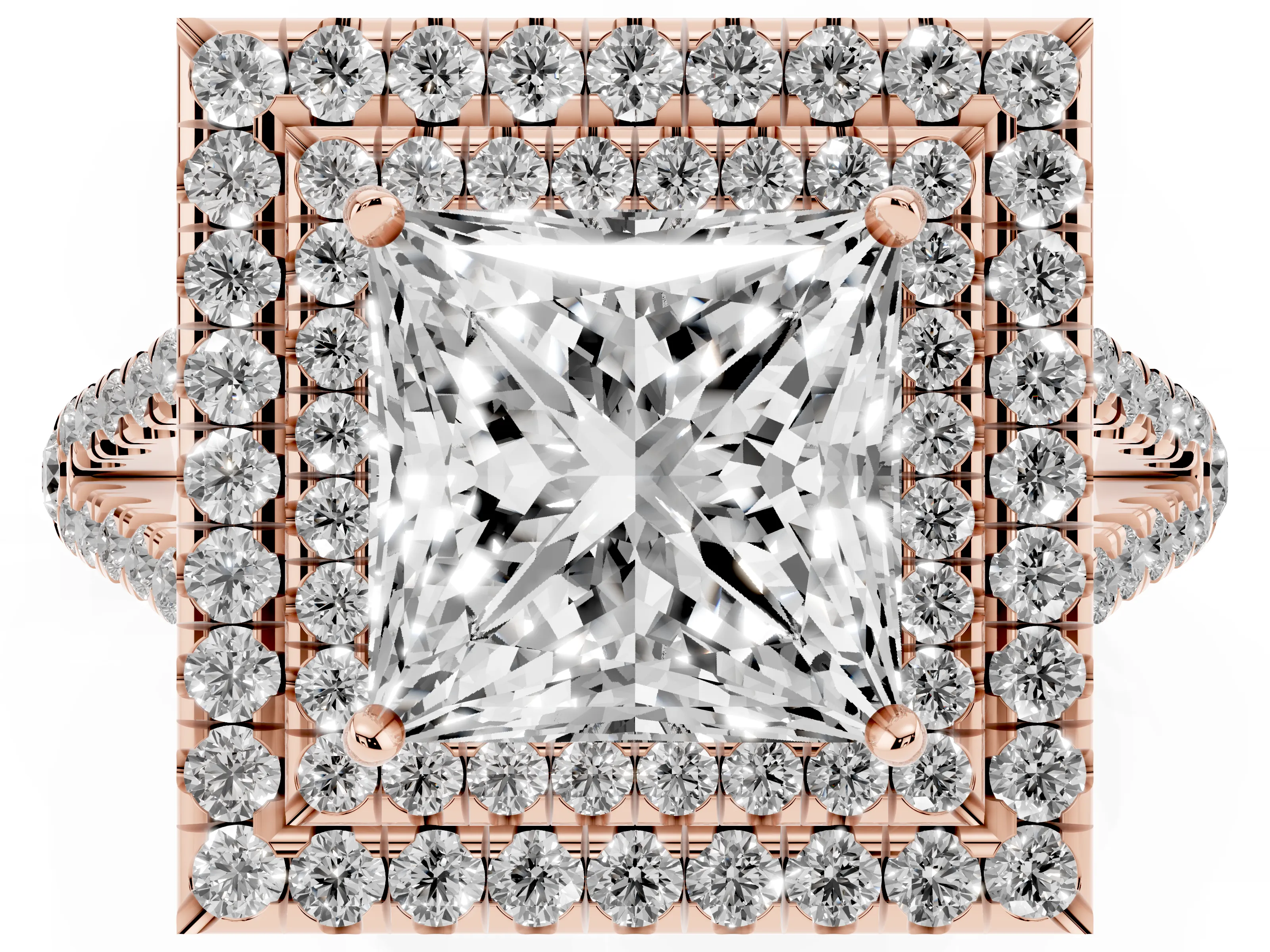 Princess Cut Diamond Double Halo Ring Set in Rose gold with Pavé Band