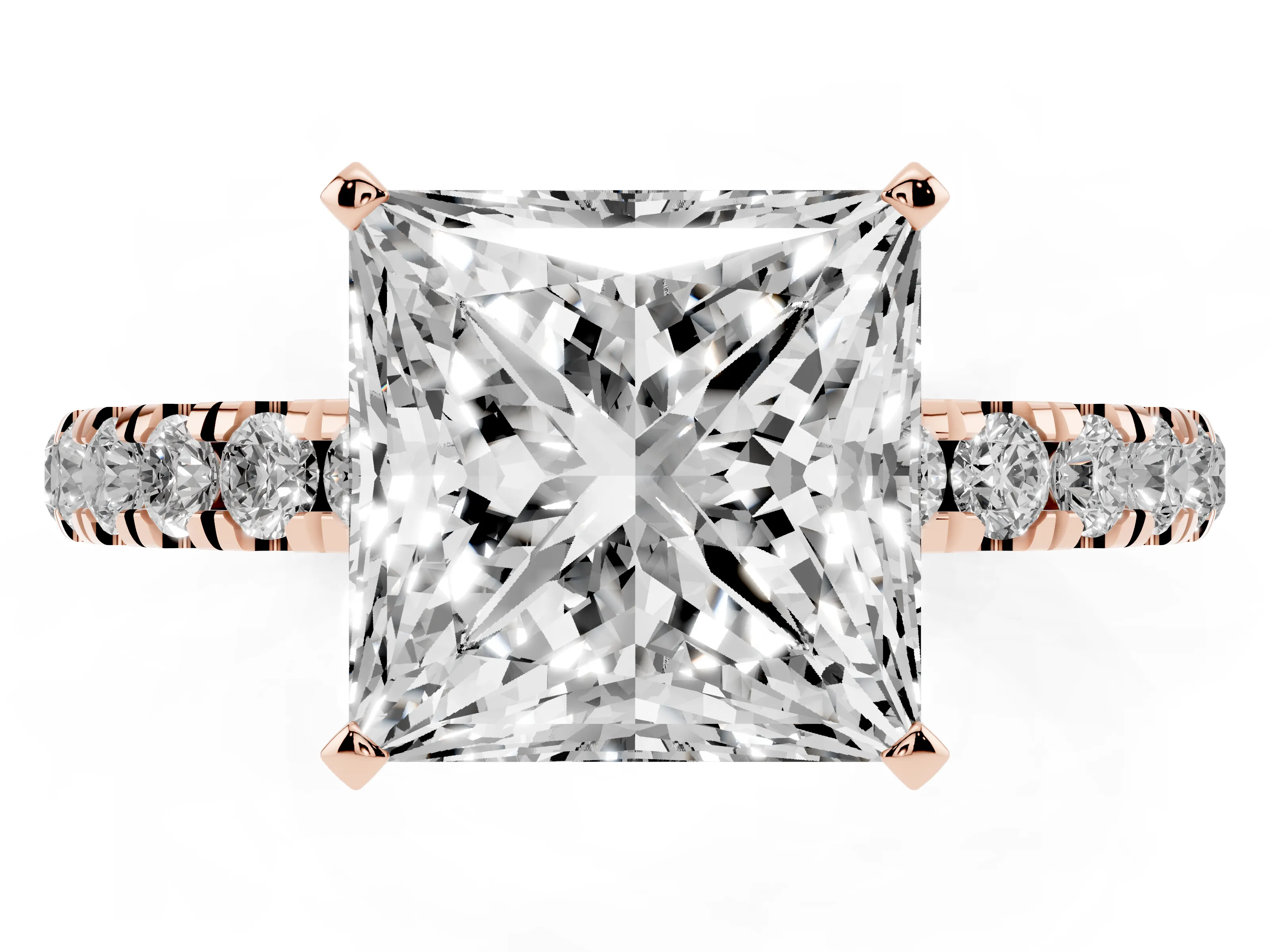 Princess Cut Diamond Solitaire Ring Set in Rose gold with Pavé Accents and Prong Setting