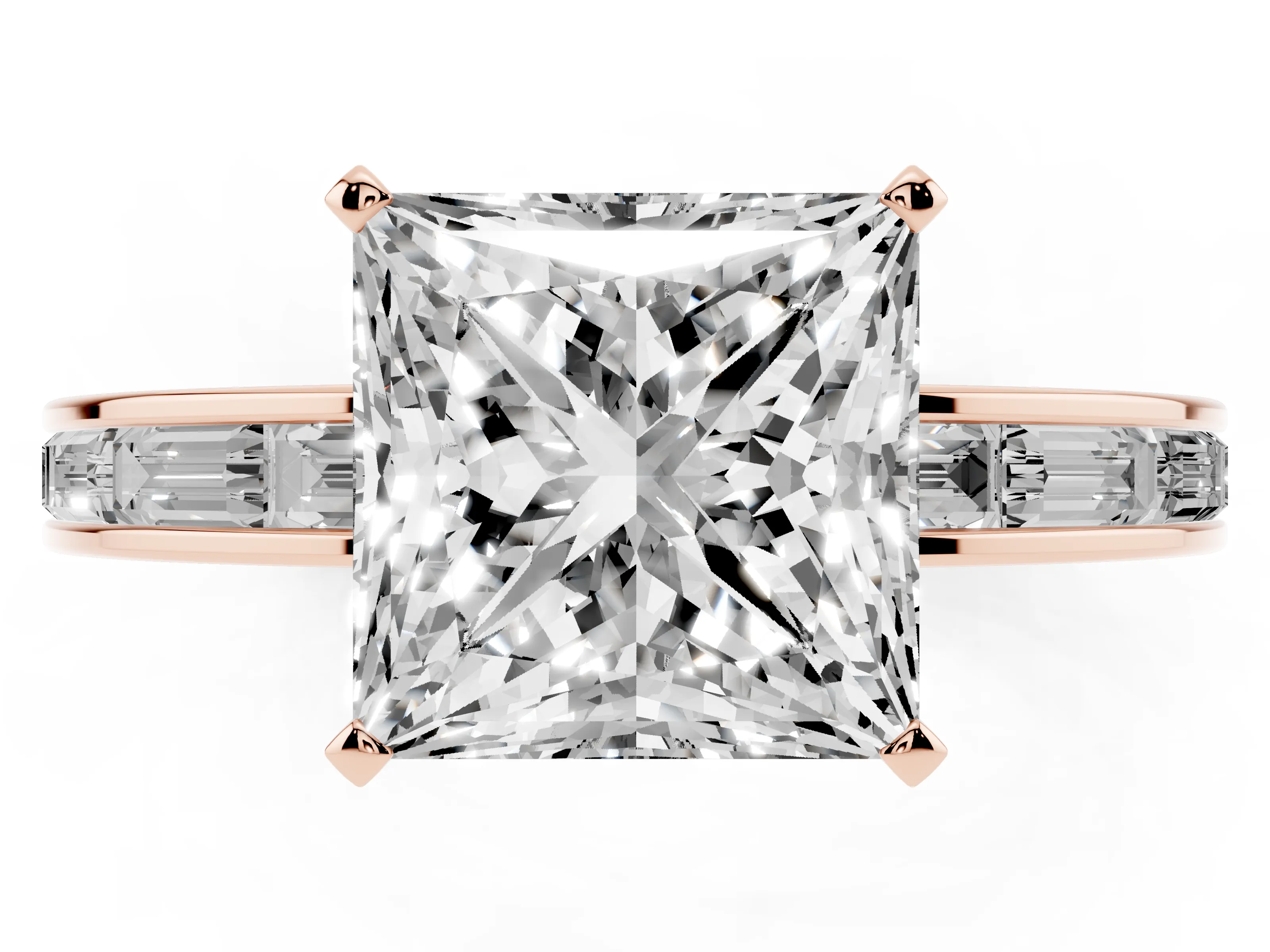 Princess Cut Diamond Solitaire Ring Set in Rose gold with Channel-Set Baguette Band and Prong Setting