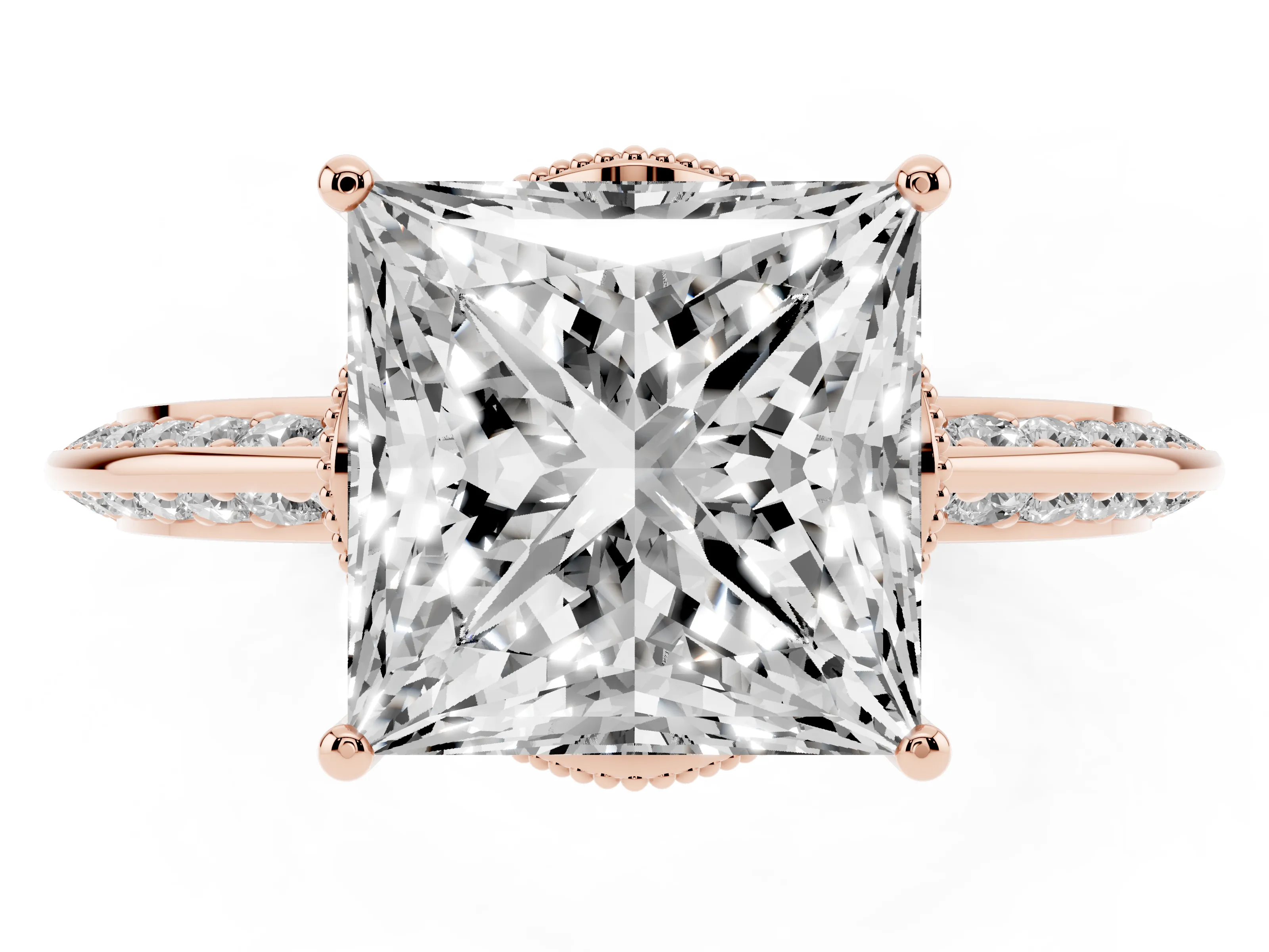Princess Cut Diamond Solitaire Engagement Ring Set in Rose gold with Pavé Split Shank and Prong Setting