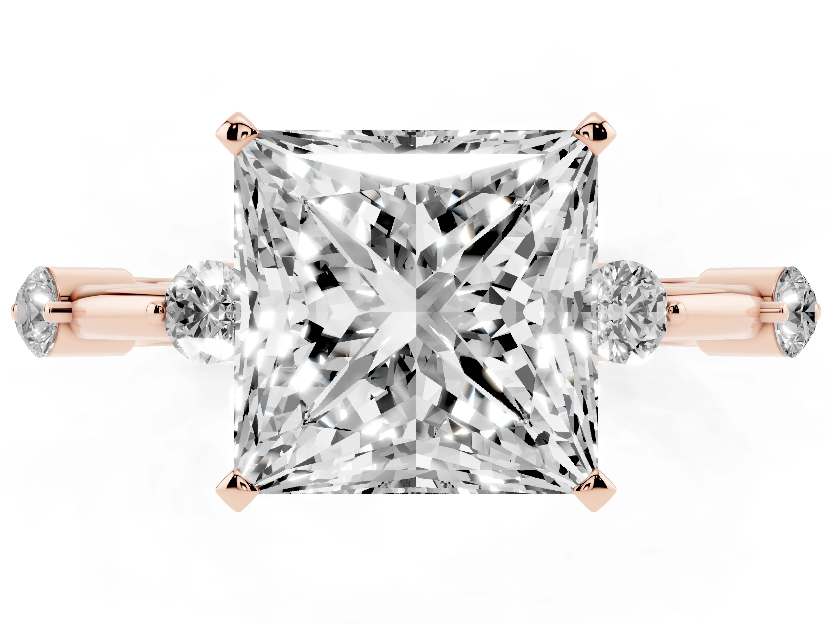 Princess Cut Diamond Solitaire Ring Set in Rose gold with Bezel Set Side Stones and Prong Setting