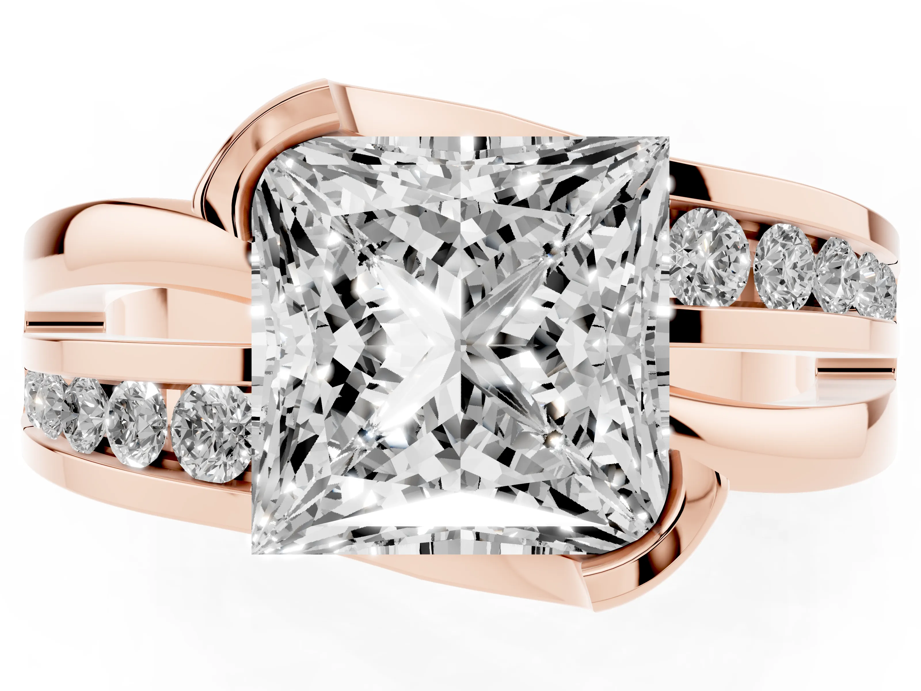 Princess Cut Diamond Solitaire Ring Set in Rose gold with Channel Set Split Shank and Tension Prongs