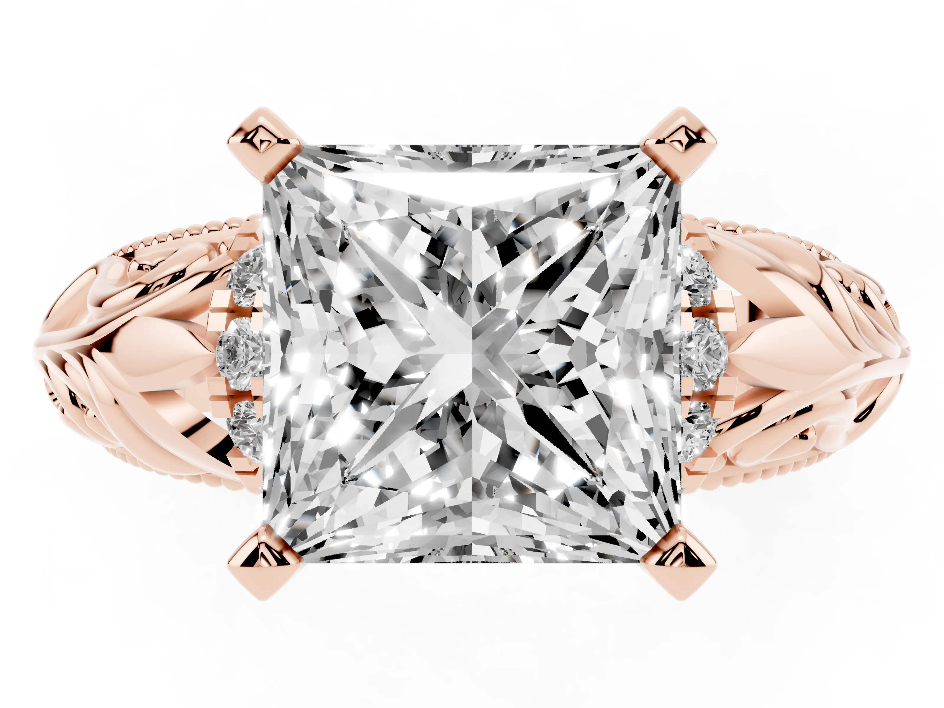 Princess Cut Diamond Filigree Halo Engagement Ring Set in Rose gold with Prong Setting