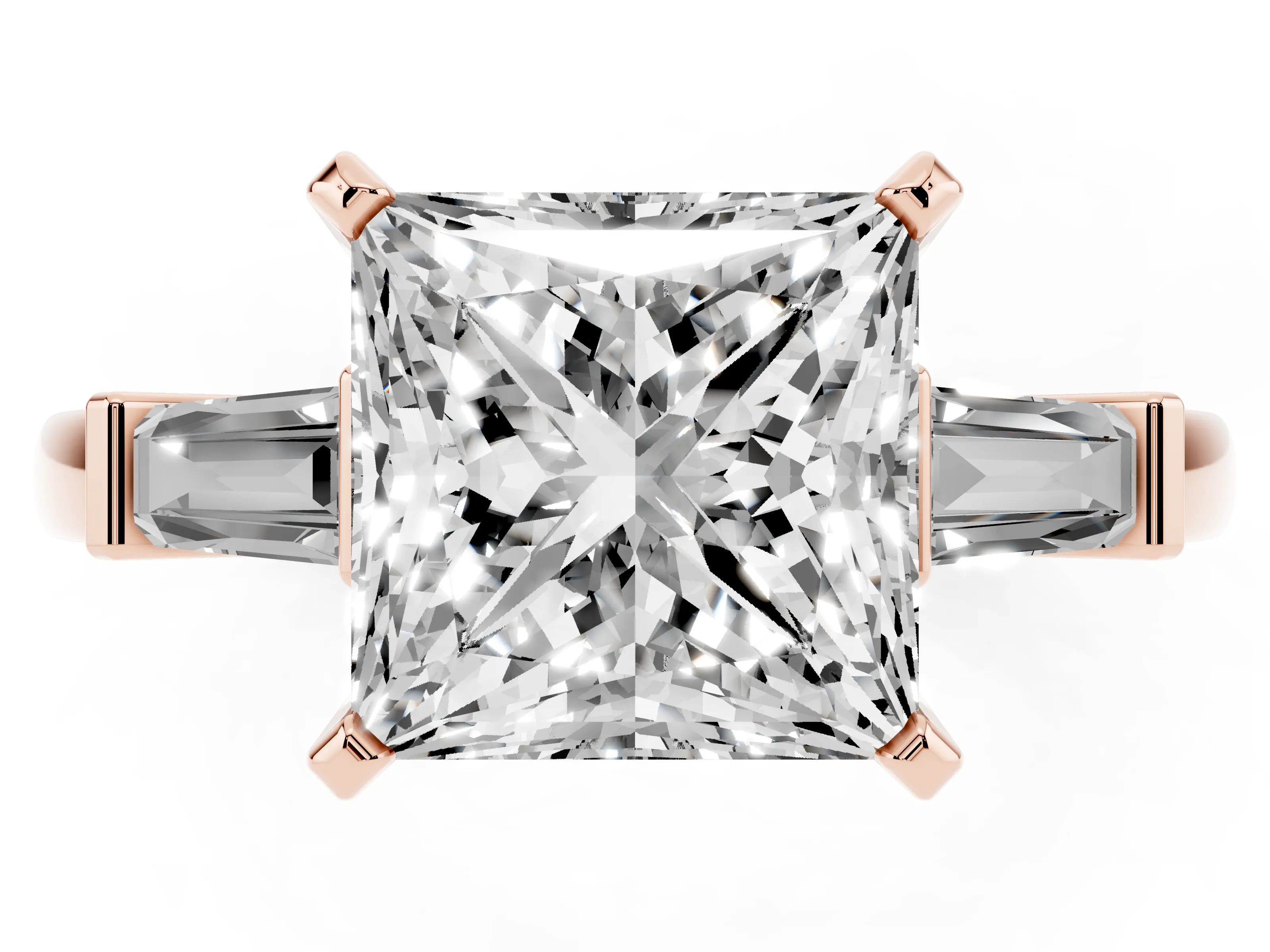 Princess Cut Diamond Solitaire Ring Set in Rose gold with Tapered Baguette Accents and Prong Setting