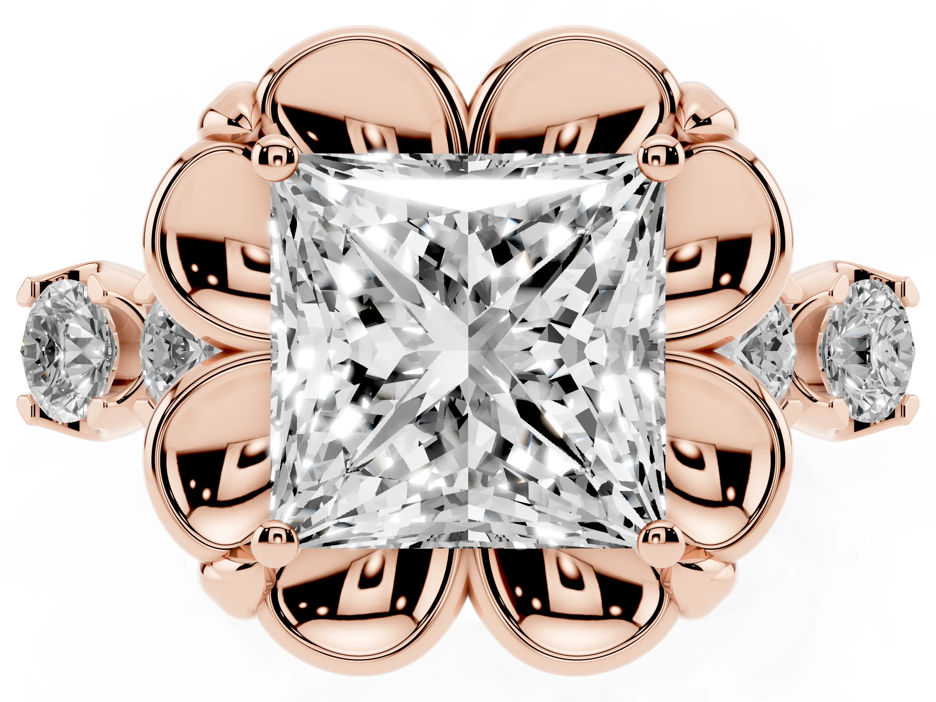 Princess Cut Diamond Floral Halo Ring Set in Rose gold with Shared Prong Band