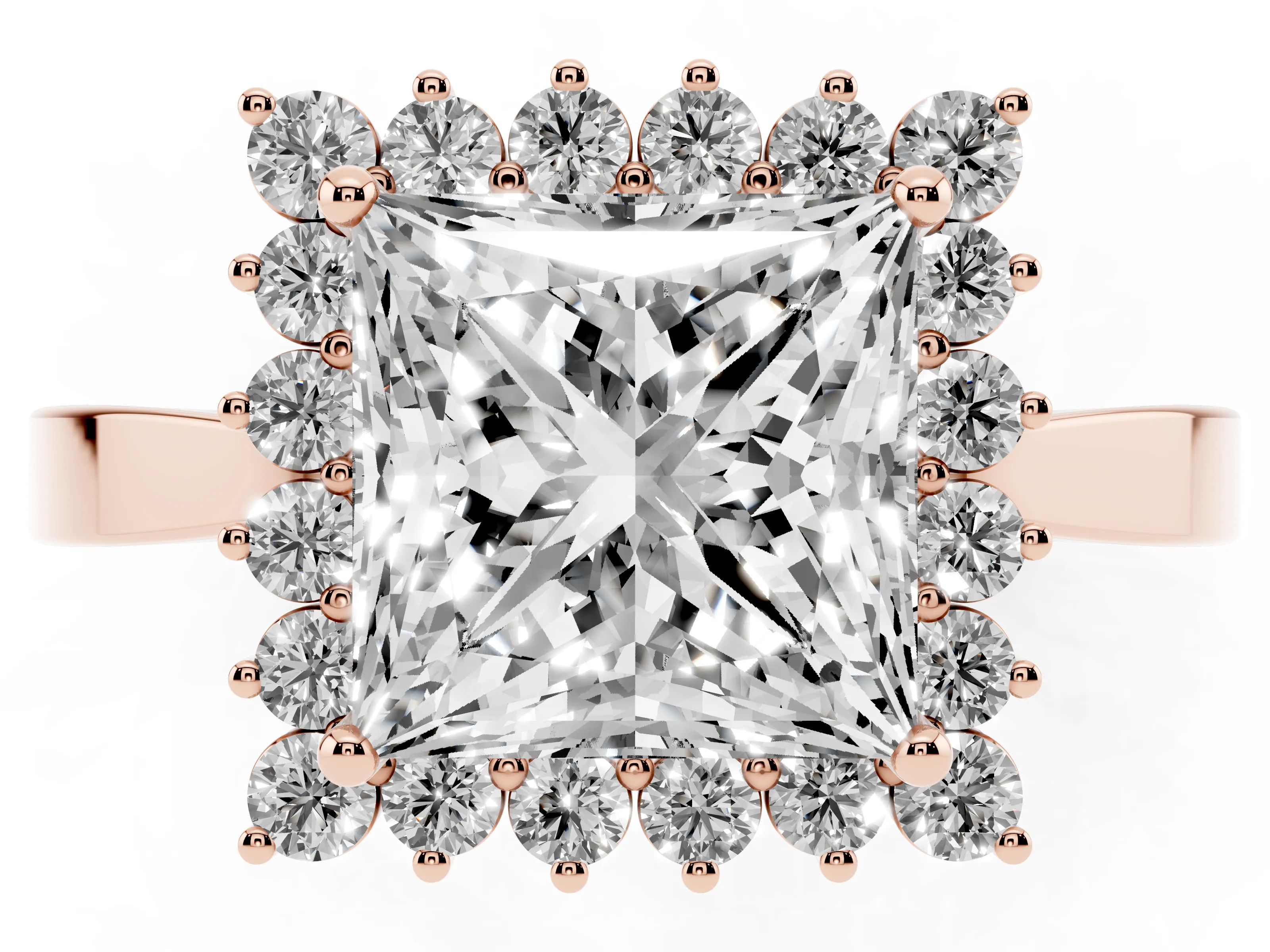 Princess Cut Diamond Halo Ring Set in Rose gold with Round Halo and Smooth Solitaire Band