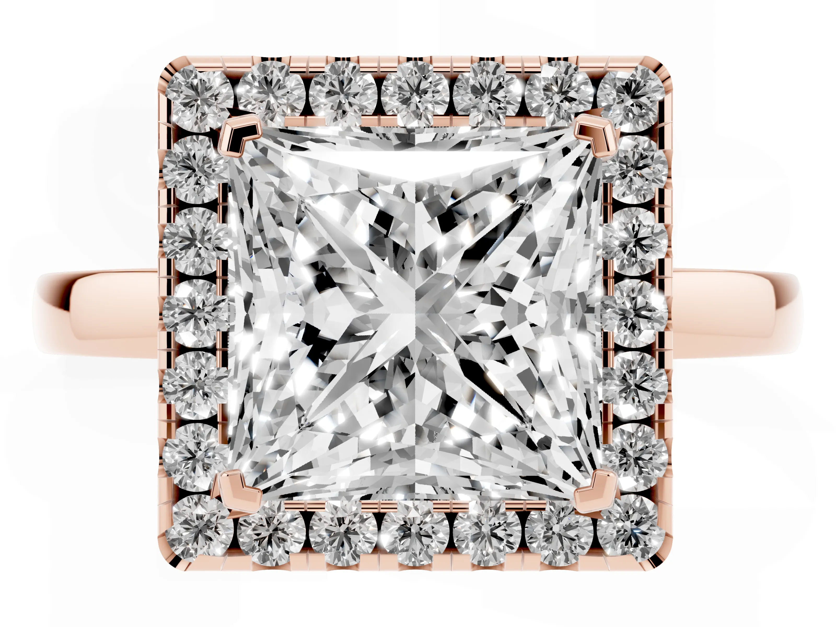 Princess Cut Diamond Halo Solitaire Ring Set in Rose gold with Pavé Band and Prong Setting