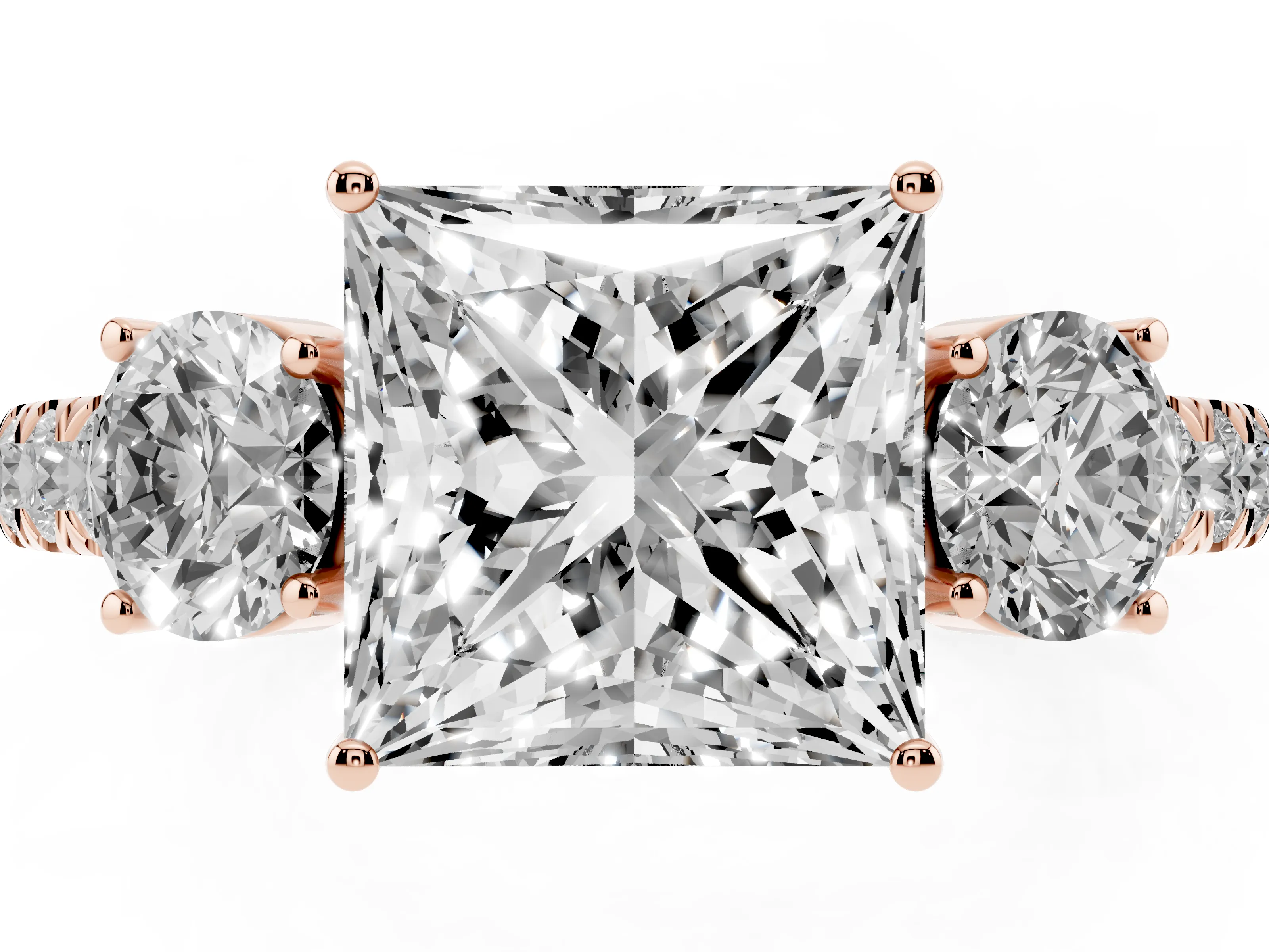 Princess Cut Diamond Three-Stone Ring Set in Rose gold with Round Side Stones and Delicate Pavé Band