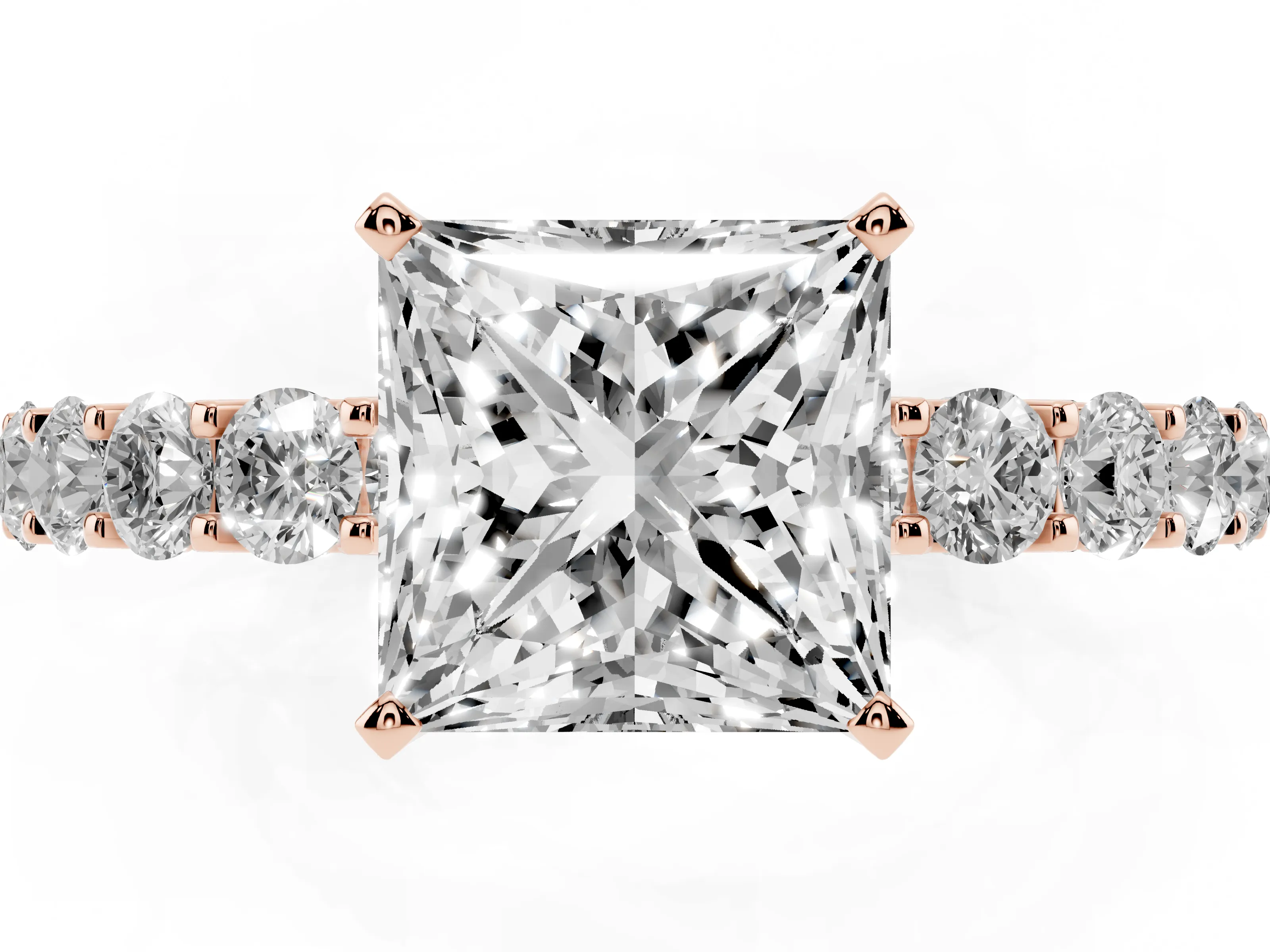 Princess Cut Diamond Solitaire Ring Set in Rose gold with Shared Prong Pavé Band