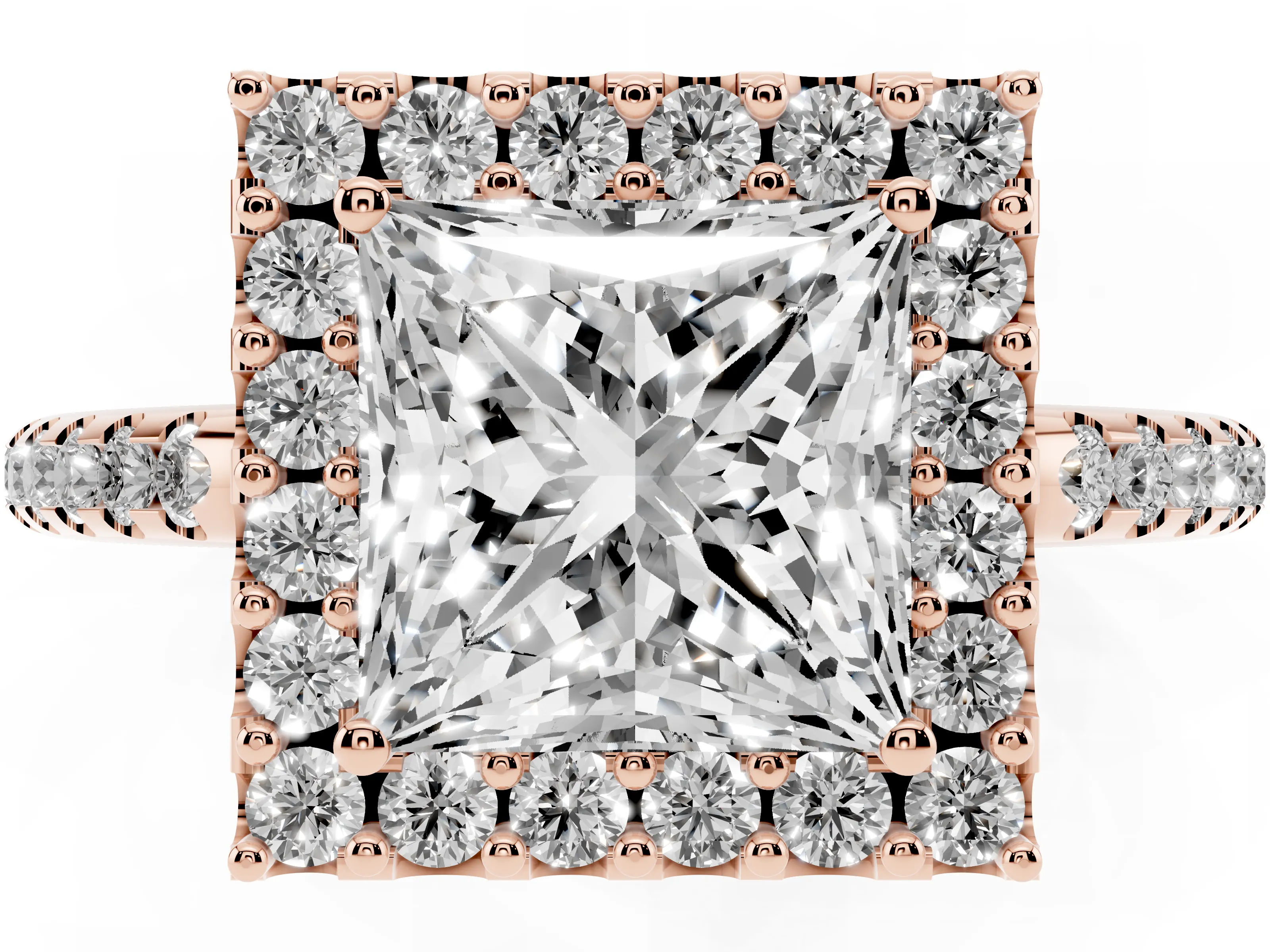 Princess Cut Diamond Pavé Halo Ring Set in Rose gold with Prong Setting