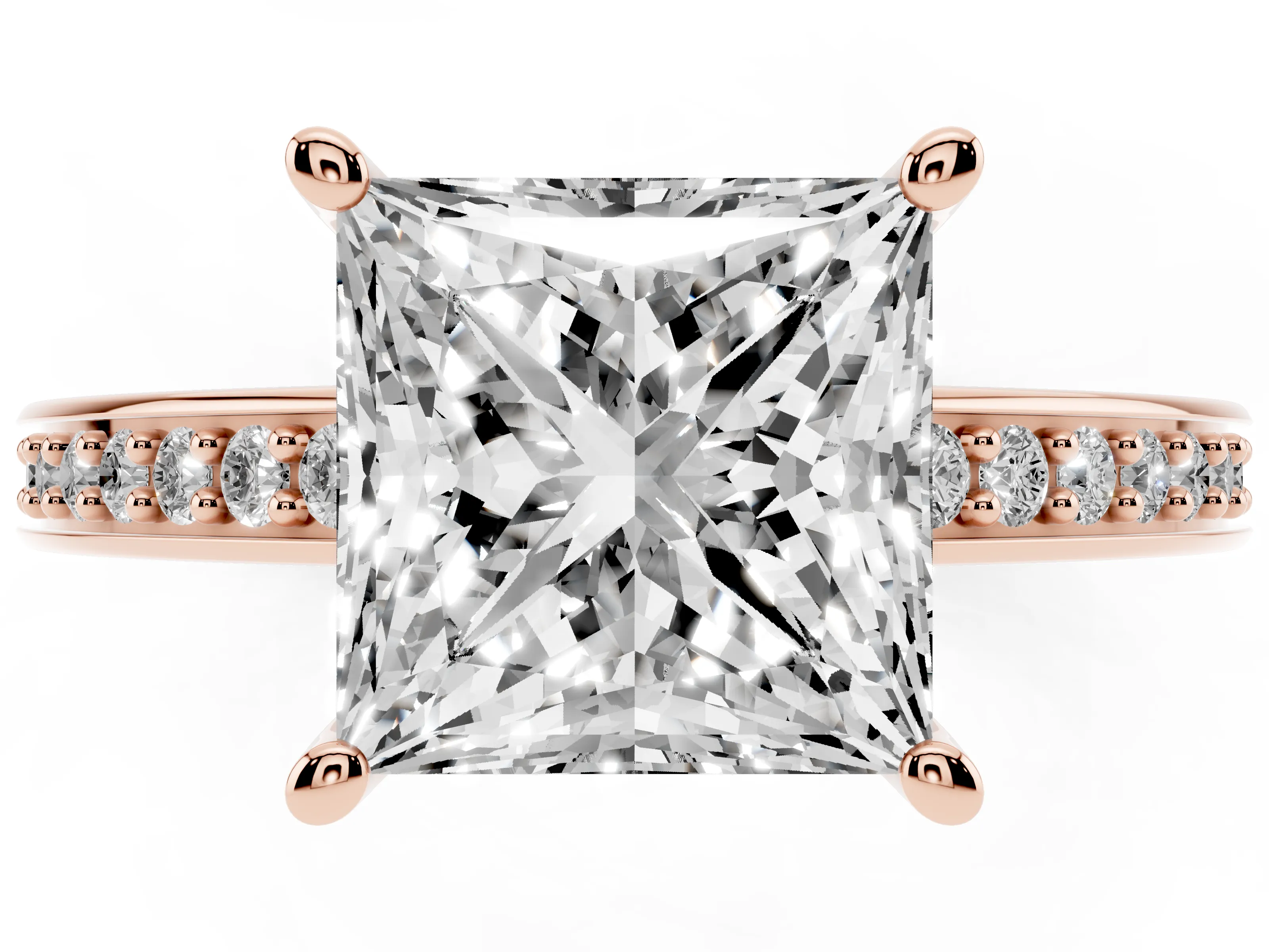 Princess Cut Diamond Pavé Band Prong Set Solitaire Ring Set in Rose gold