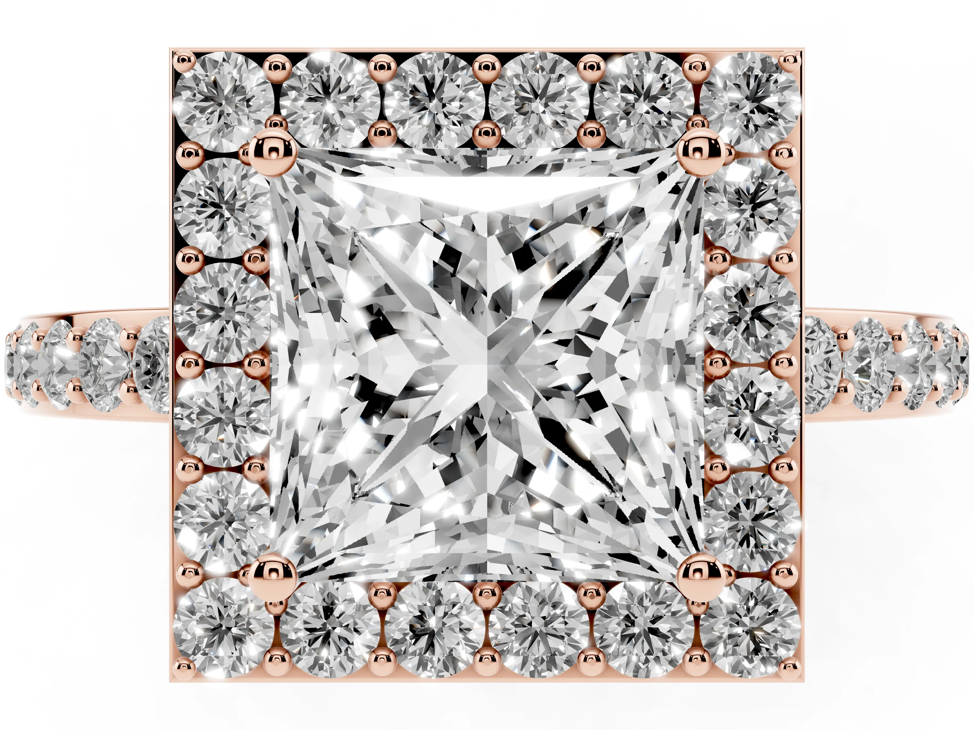 Princess Cut Diamond Halo Ring Set in Rose gold with Pavé-Setting Band and Open Prong Center