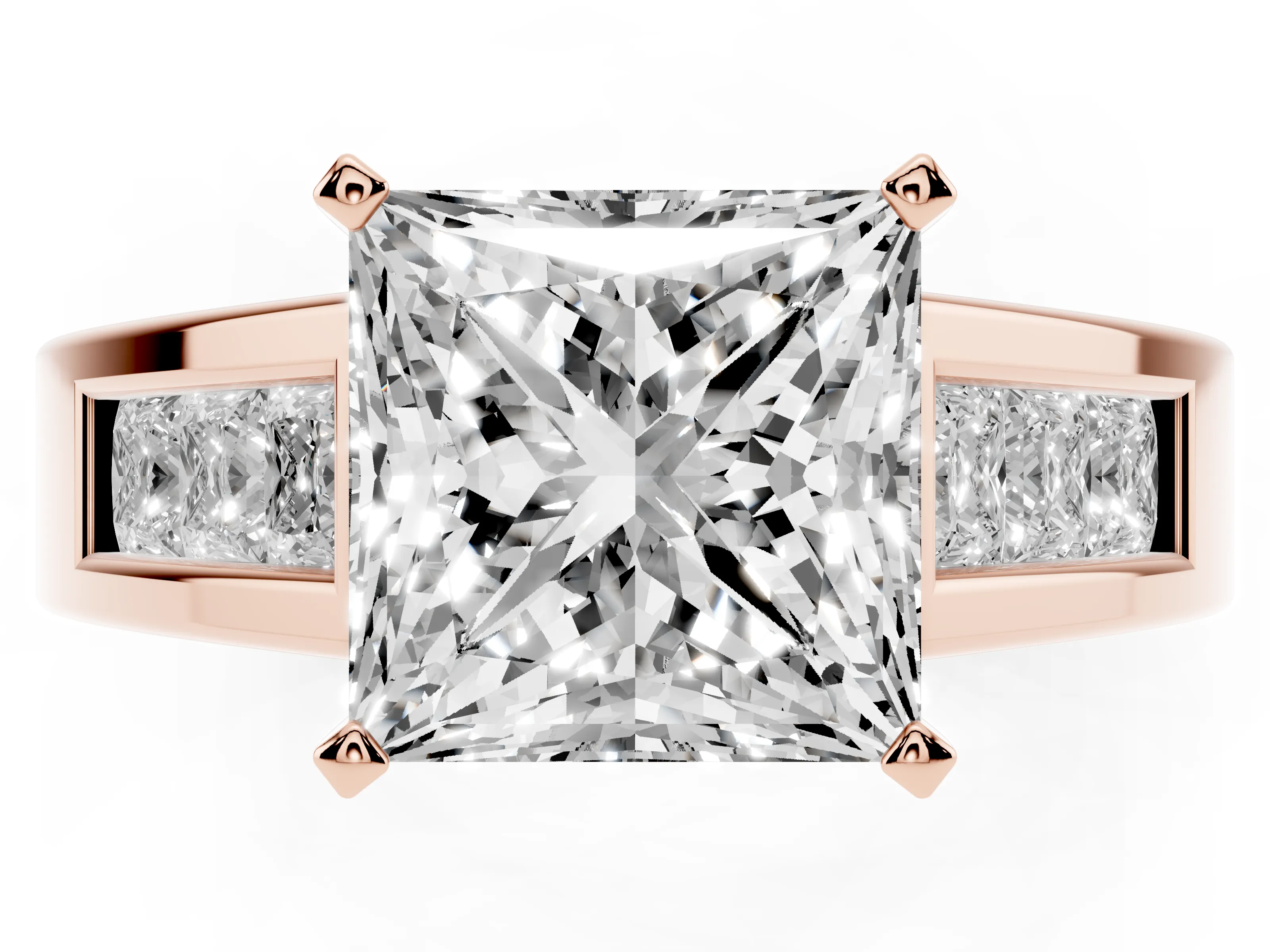 Princess Cut Diamond Solitaire Ring Set in Rose gold with Channel-Set Accent Stones and Prong Setting