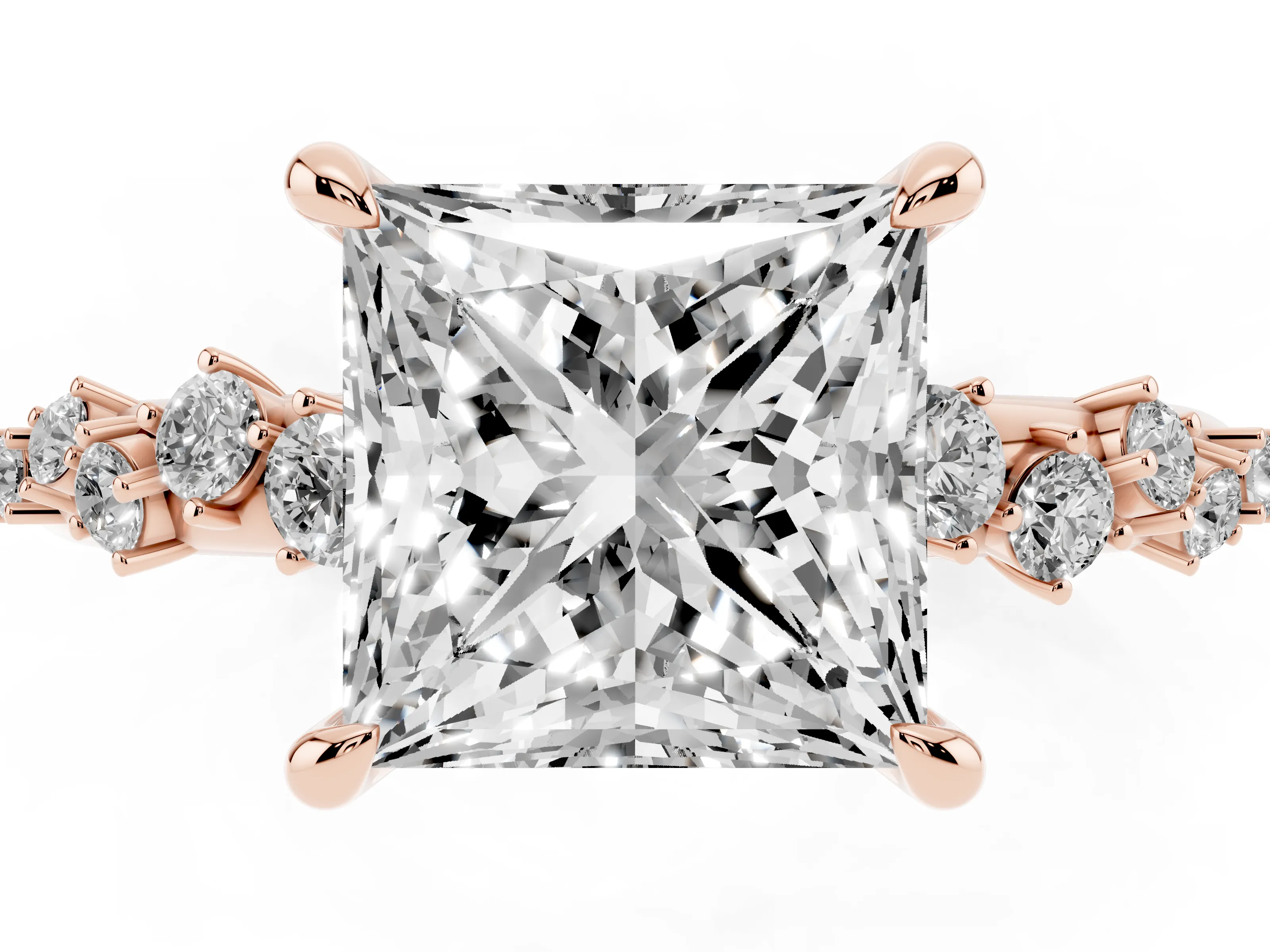 Princess Cut Diamond Solitaire Vine Band Ring Set in Rose gold with Round Accents and Prong Setting