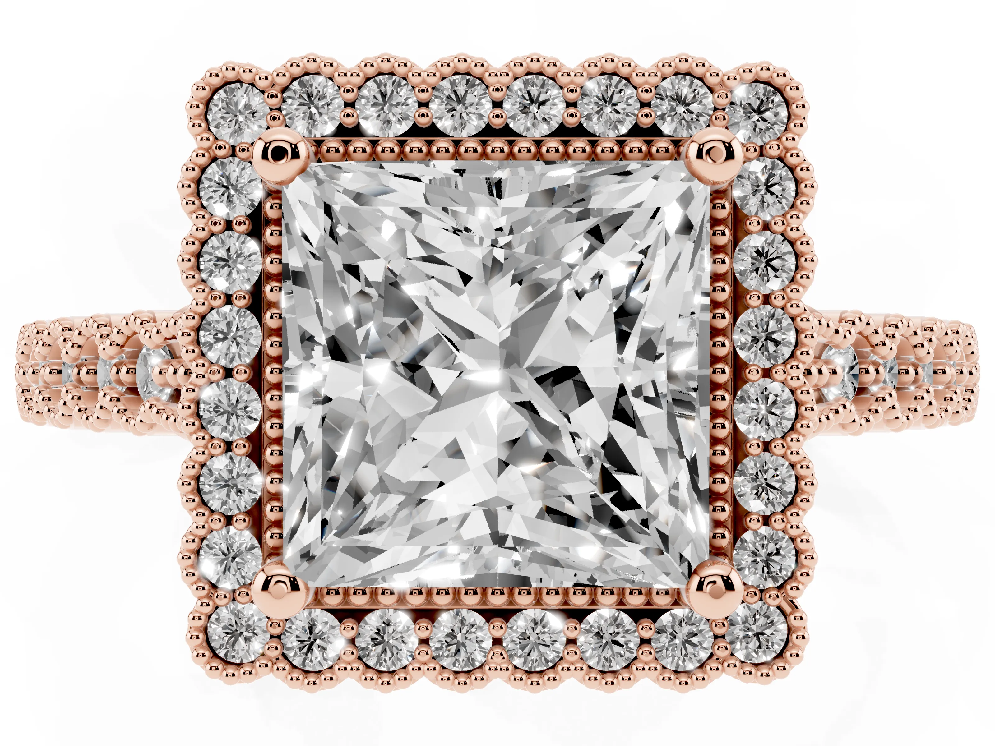 Princess Cut Diamond Halo Ring Set in Rose gold with Pavé Milgrain Band