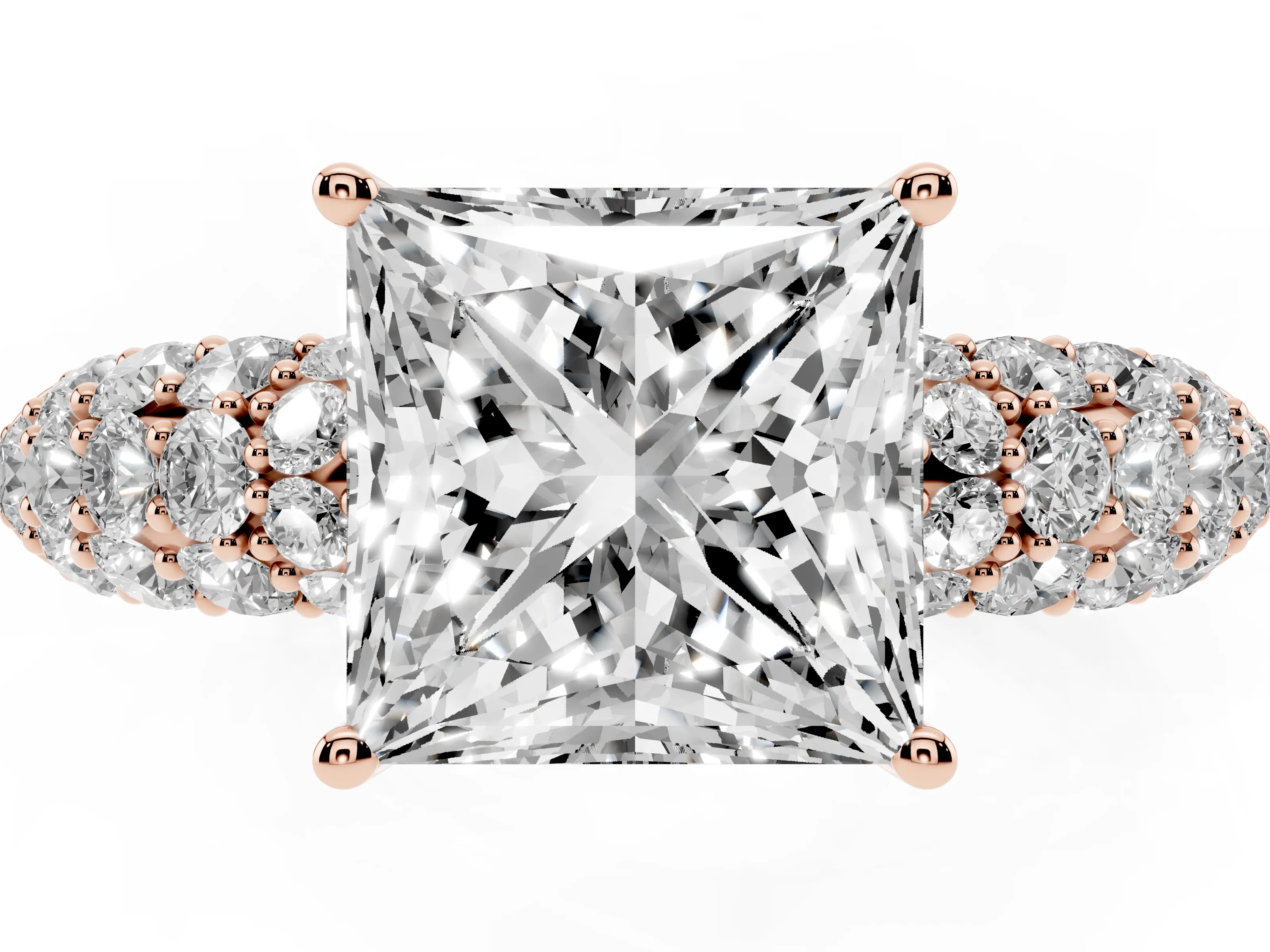 Princess Cut Diamond Pavé Band Solitaire Ring Set in Rose gold with Close-Set Accent Stones and Prong Setting