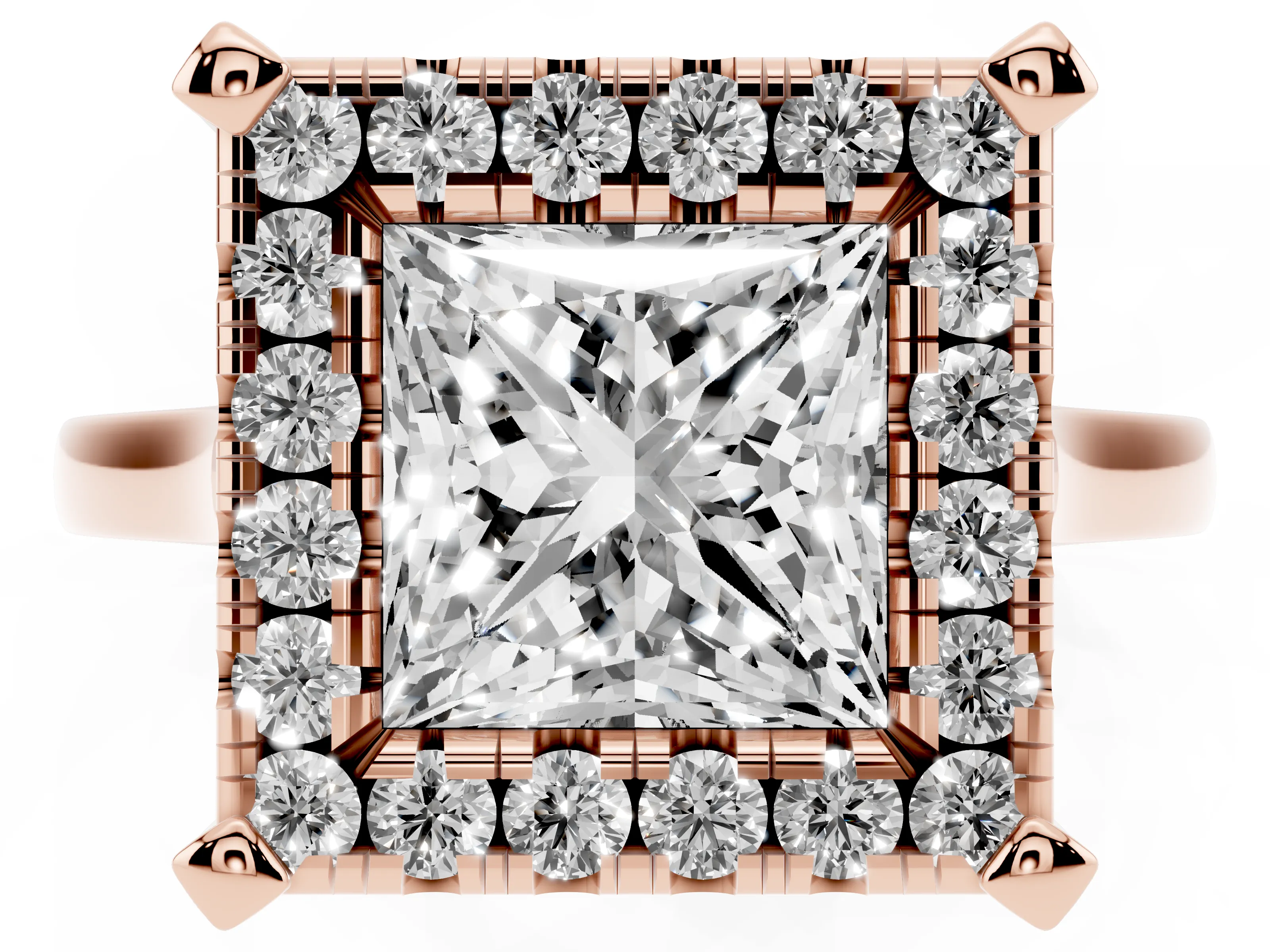 Princess Cut Diamond Cluster Halo Solitaire Ring Set in Rose gold with Prong Setting