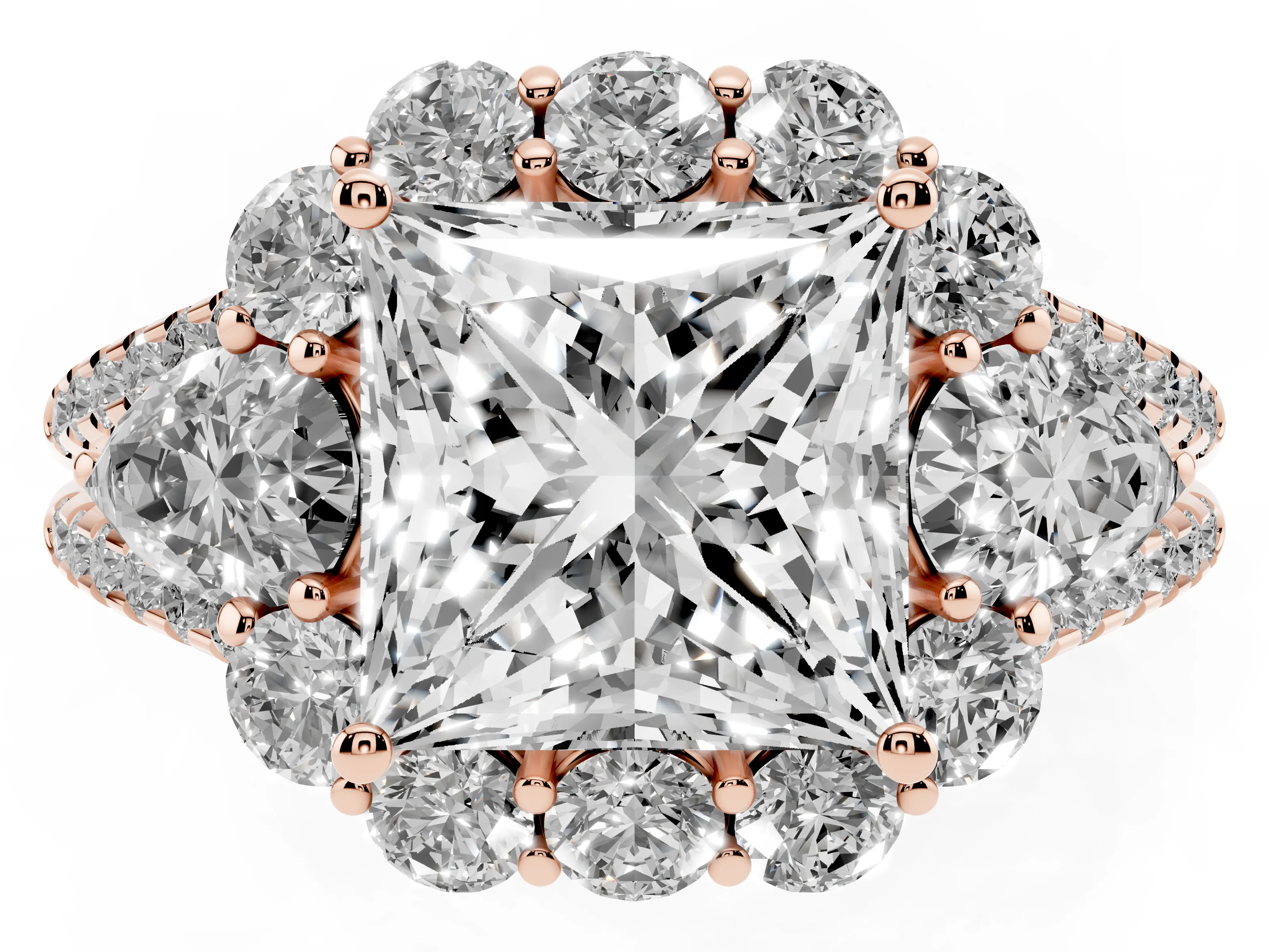 Princess Cut Diamond Halo Split Shank Engagement Ring Set in Rose gold with Prong-Held Center Stone