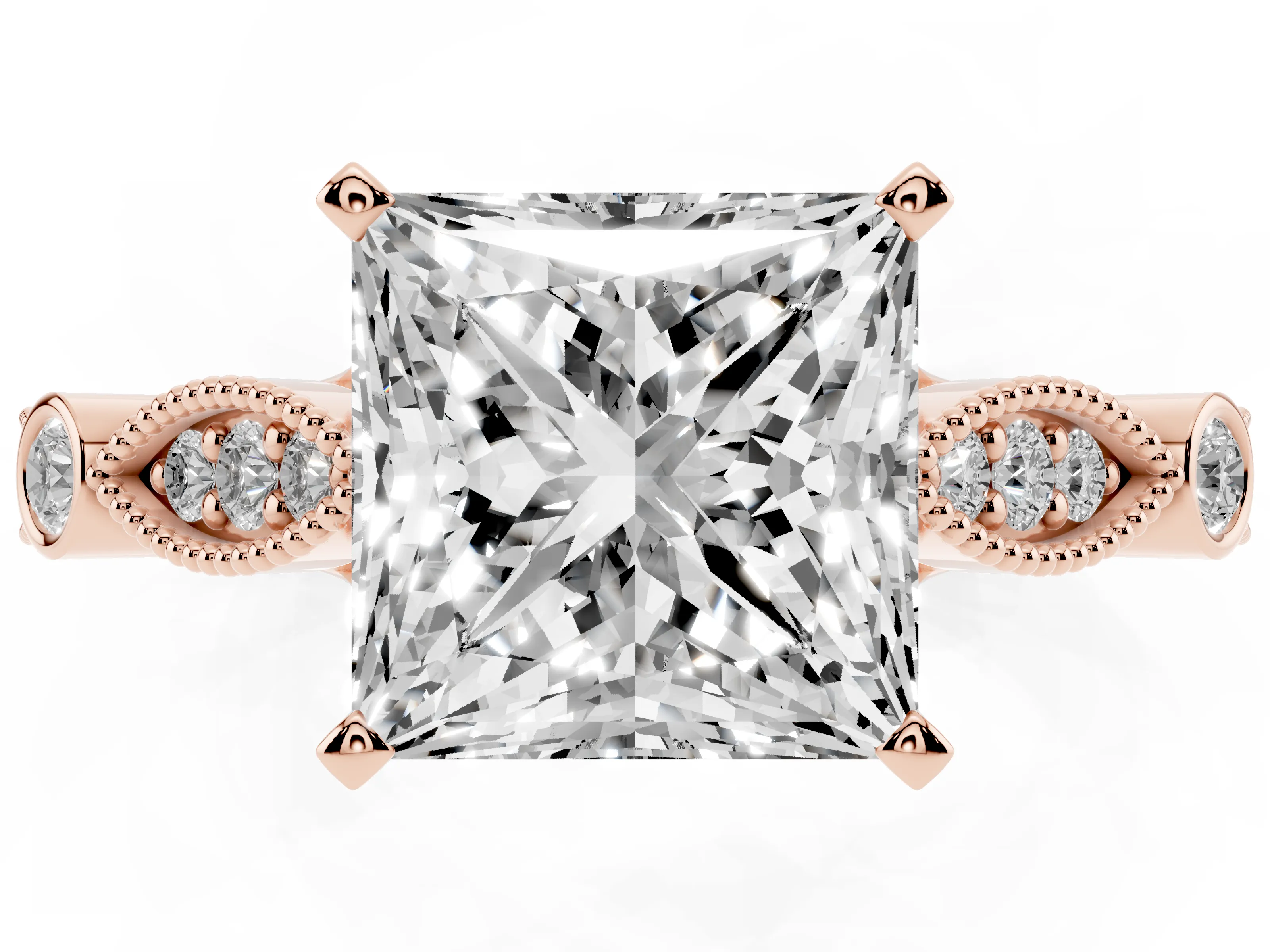 Princess Cut Diamond Solitaire Ring Set in Rose gold with Milgrain Marquise and Bezel Accents