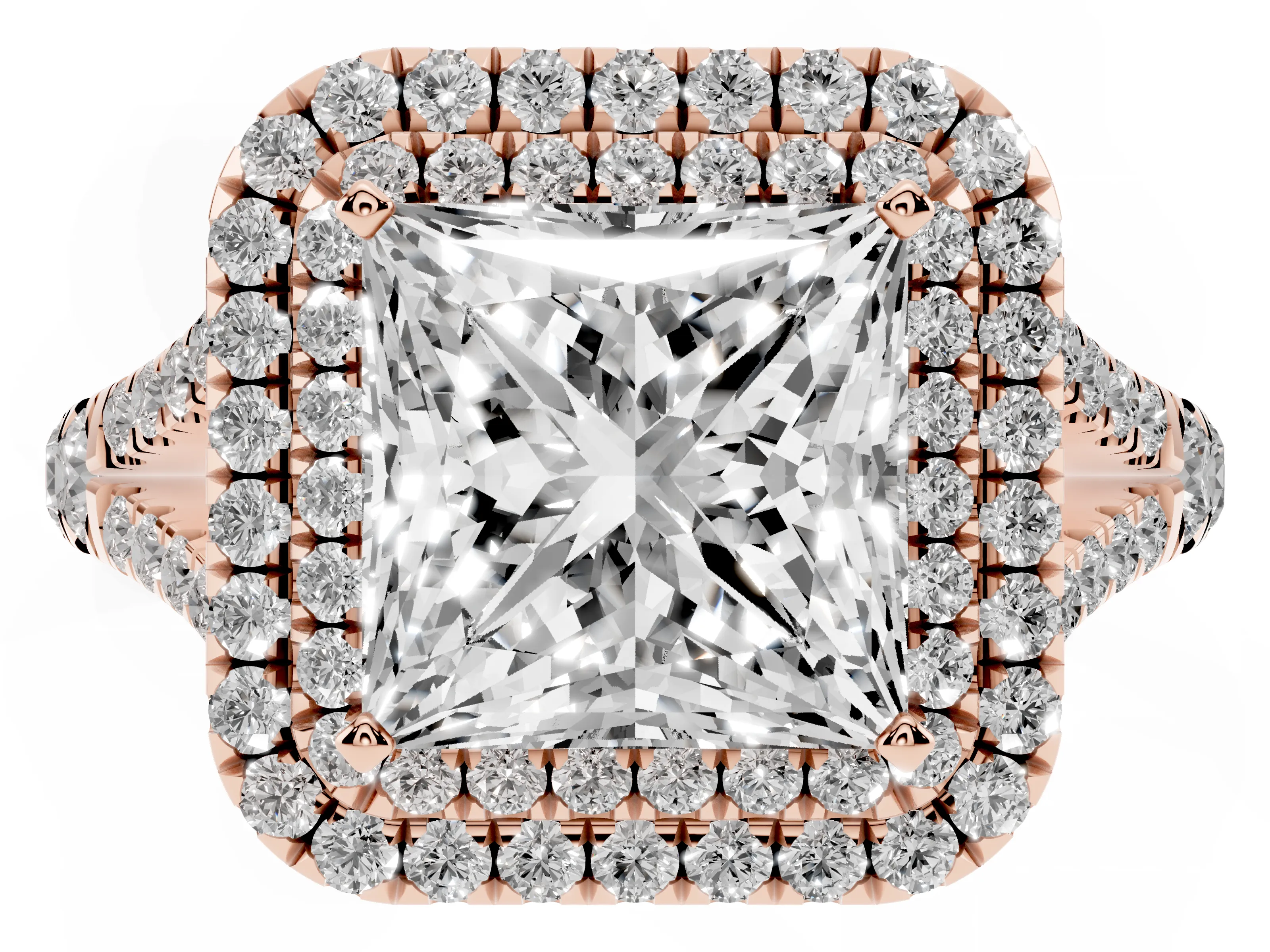 Princess Cut Diamond Pavé Split Shank Double Halo Engagement Ring Set in Rose gold