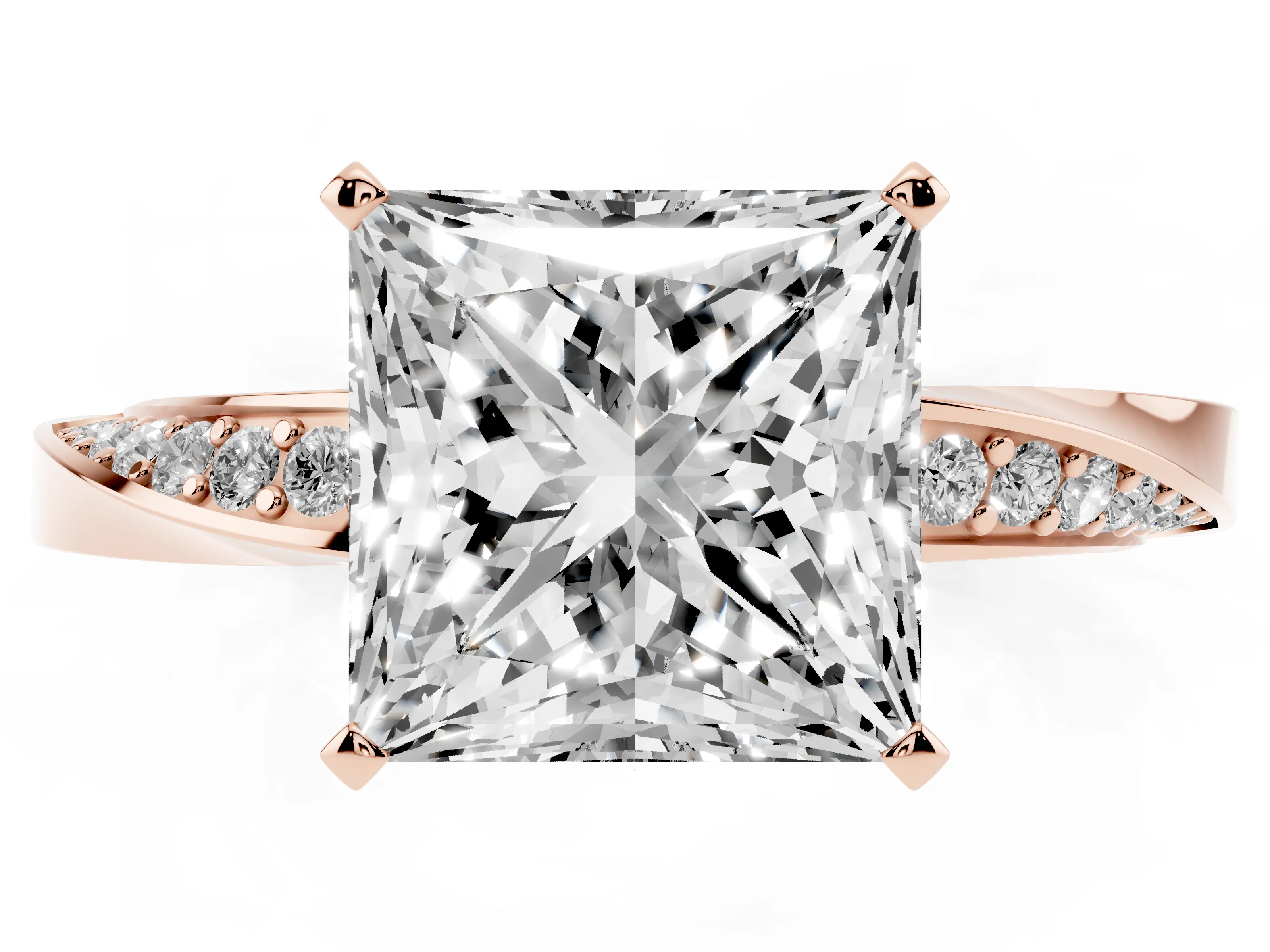 Princess Cut Diamond Engagement Ring Set in Rose gold with Side Stone Accents and Prong Setting