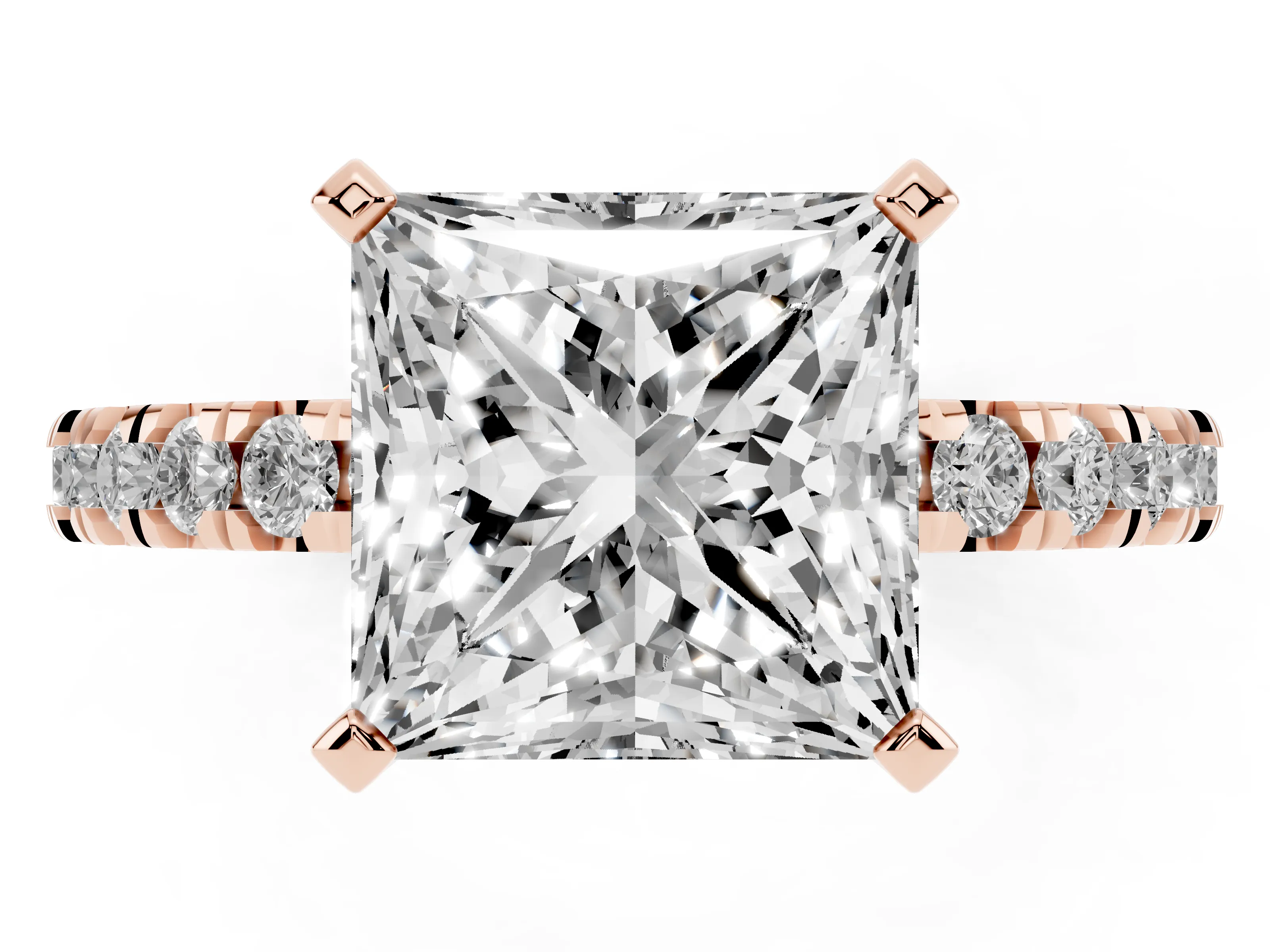 Princess Cut Diamond Pavé Band Solitaire Set in Rose gold with Prong Setting
