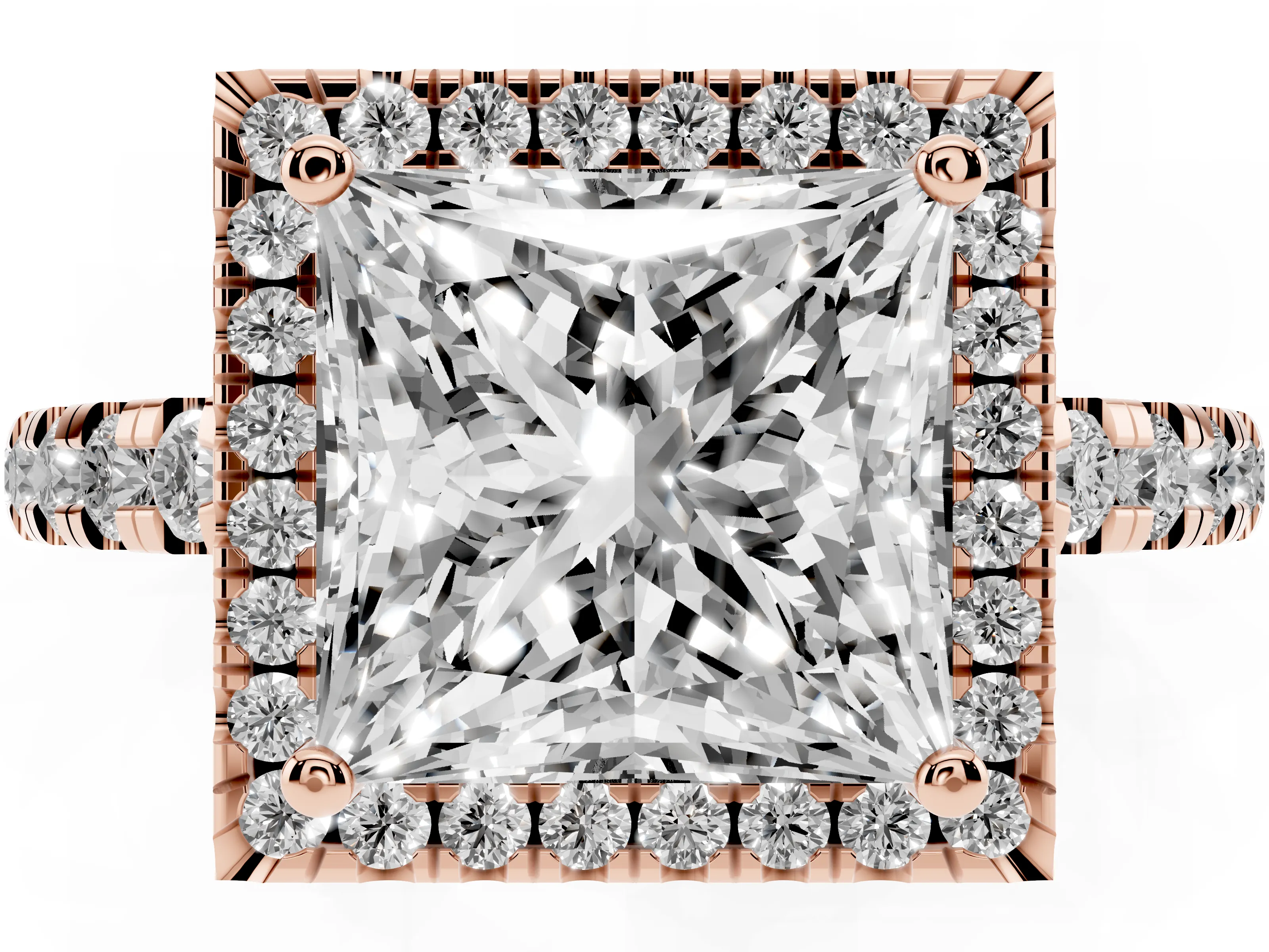 Princess Cut Diamond Halo Ring Set in Rose gold with Delicate Pavé Band and Prong Setting