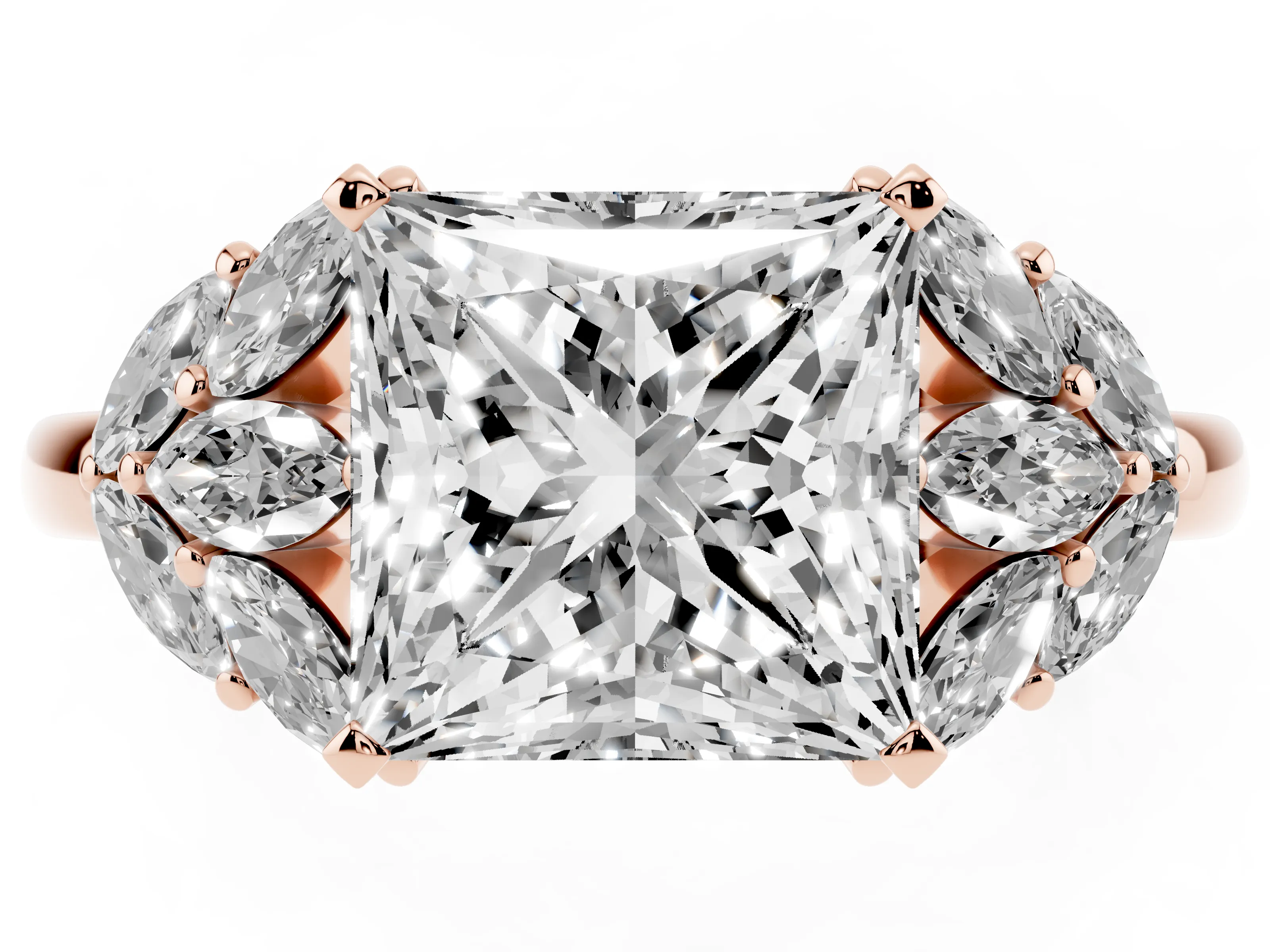 Princess Cut Diamond Cluster Leaf Design Ring Set in Rose gold with Prong Setting