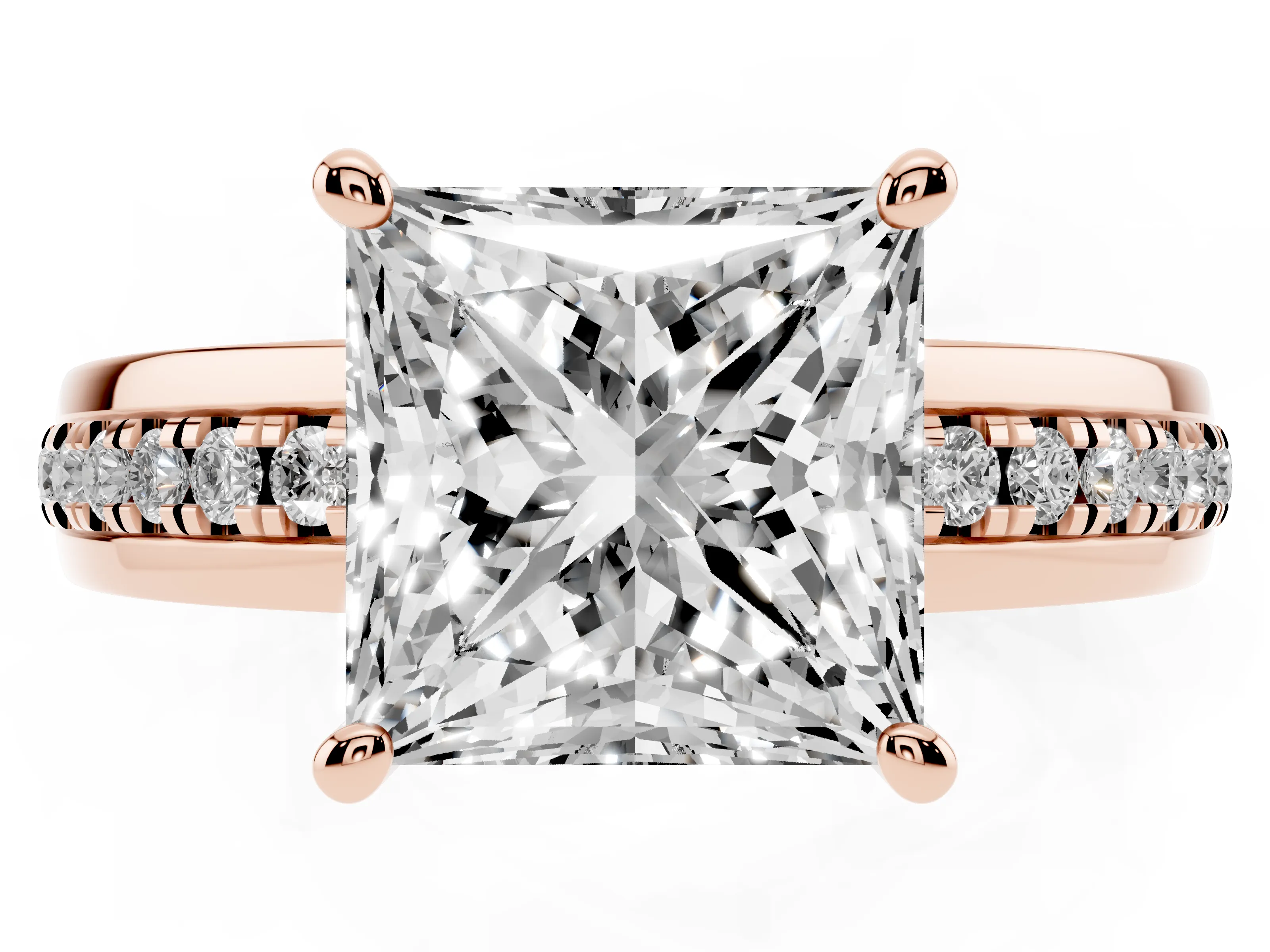 Princess Cut Diamond Solitaire Ring Set in Rose gold with Channel Set Band and Prong Setting