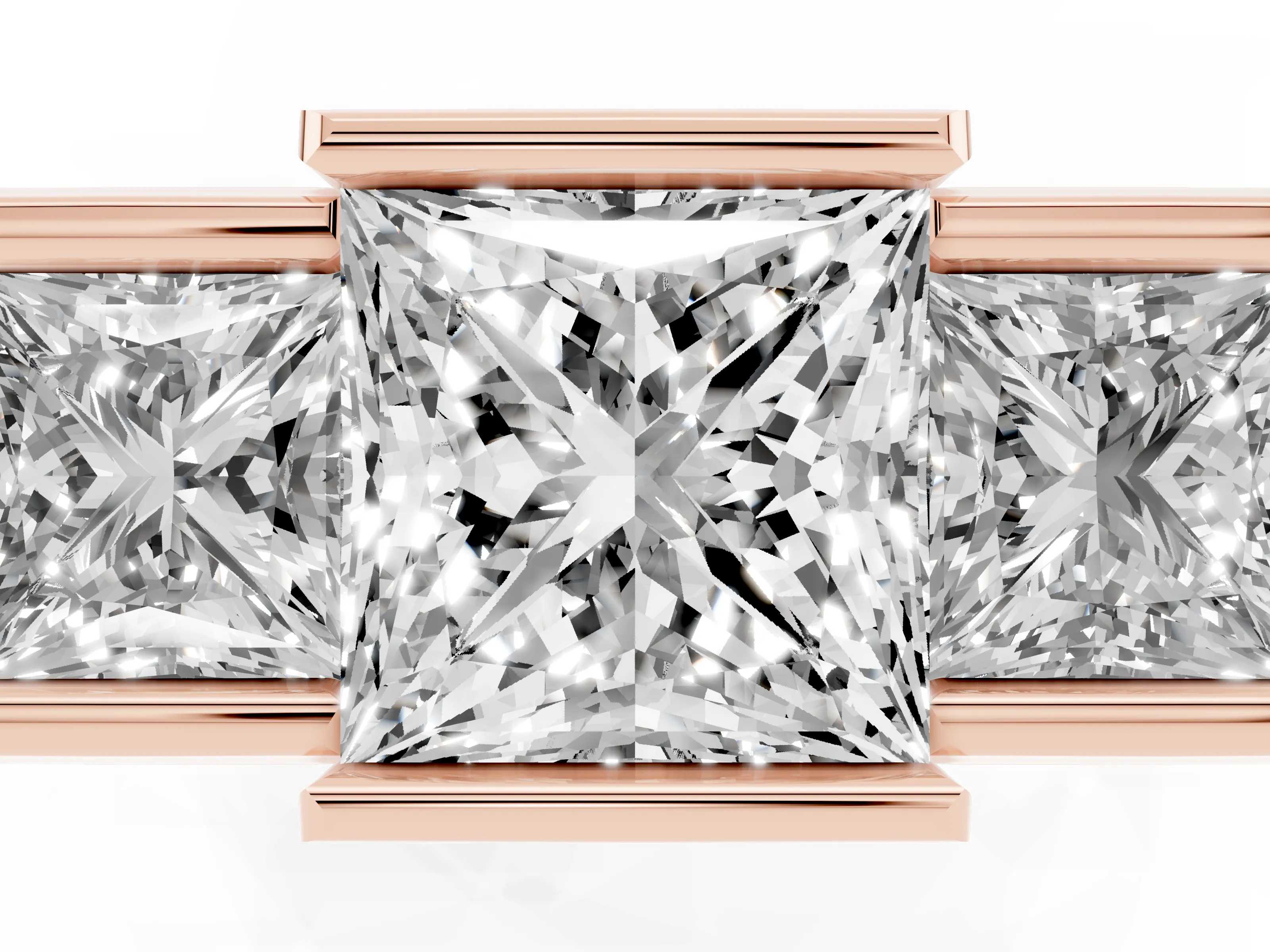 Princess Cut Diamond Three-Stone Channel Set Ring Set in Rose gold with Smooth Polished Band