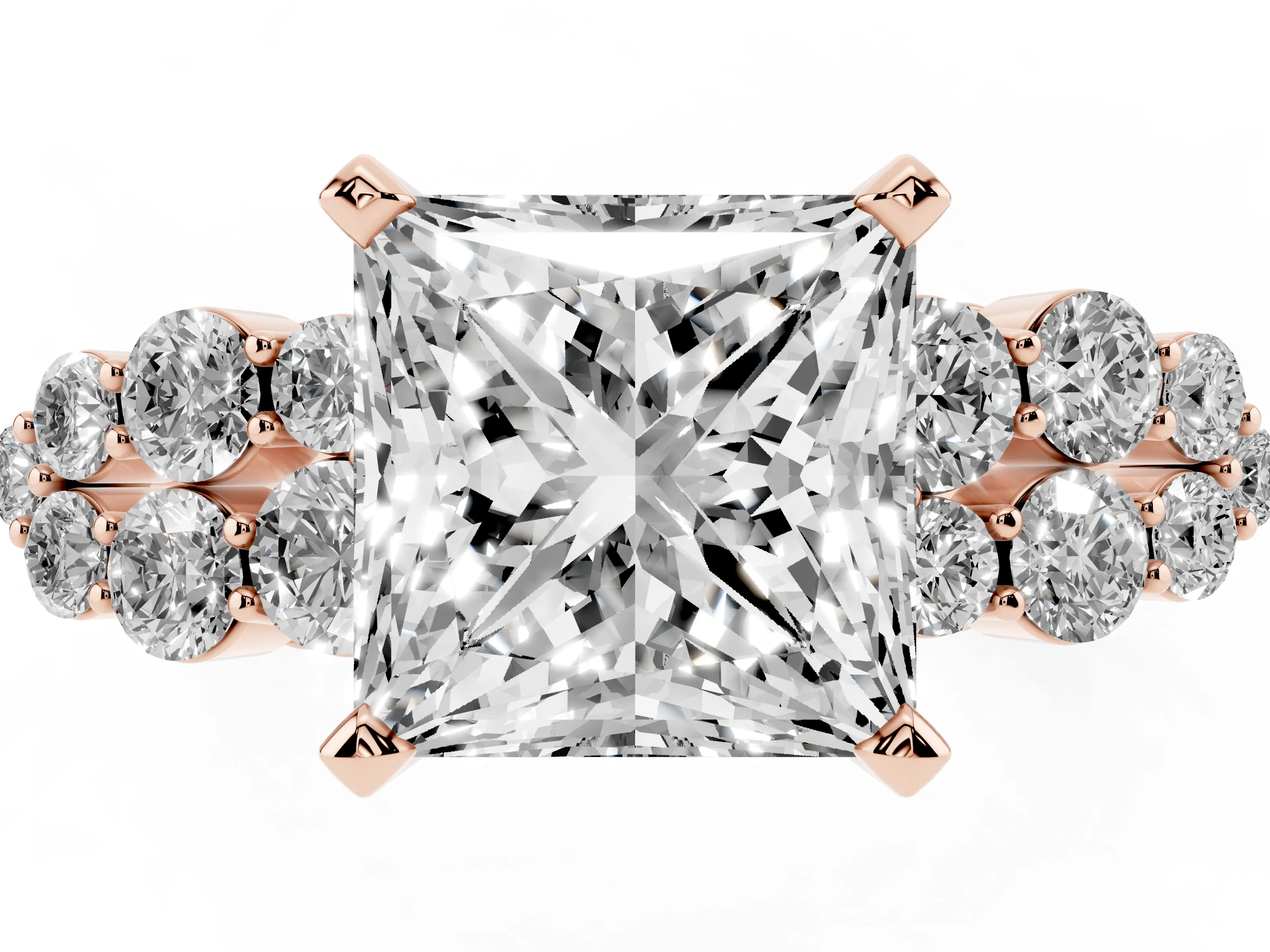 Princess Cut Diamond Cluster Engagement Ring Set in Rose gold with Pavé Band and Prong Setting