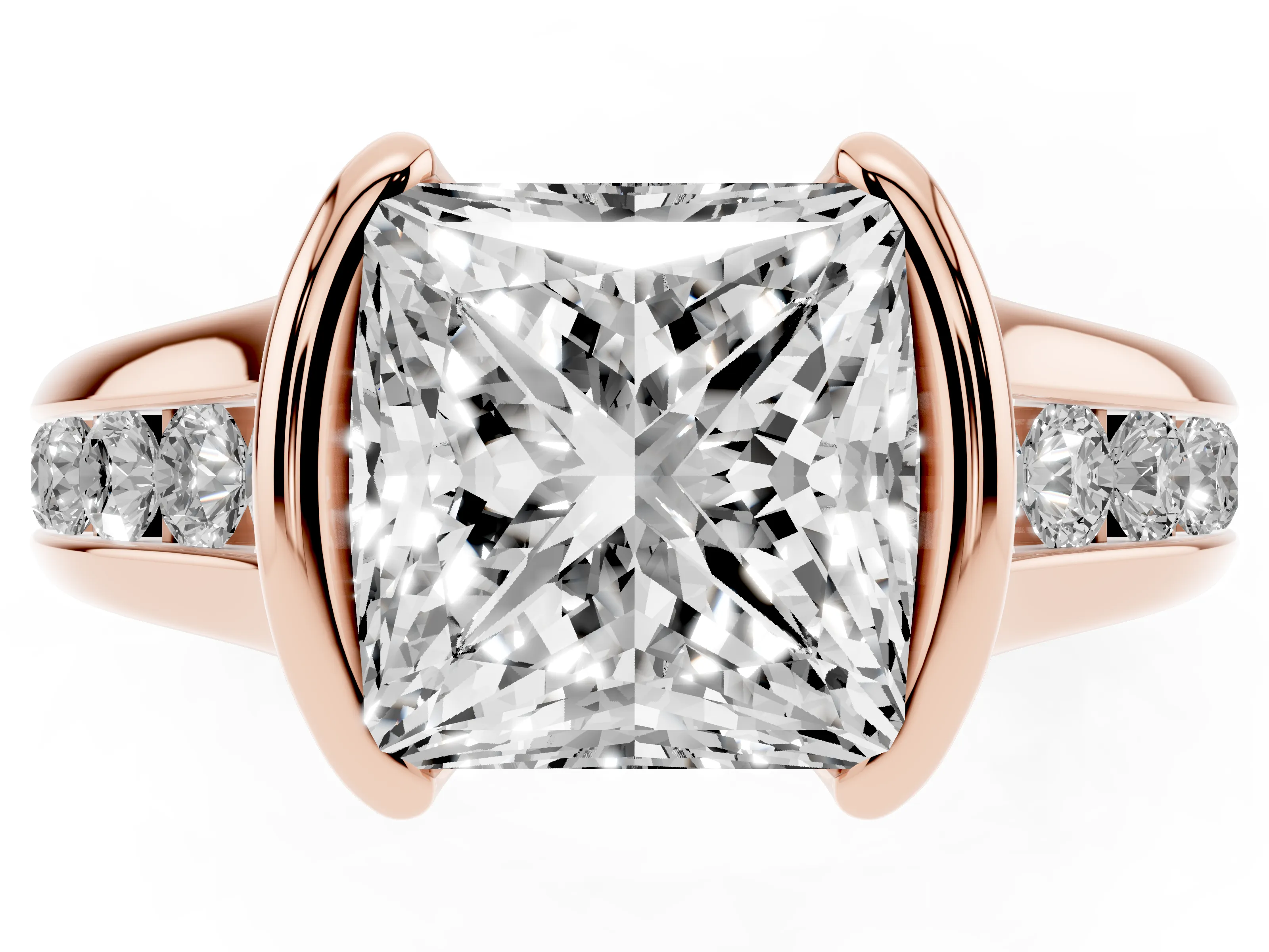 Princess Cut Diamond Bezel-Set Solitaire Ring Set in Rose gold with Channel-Set Band