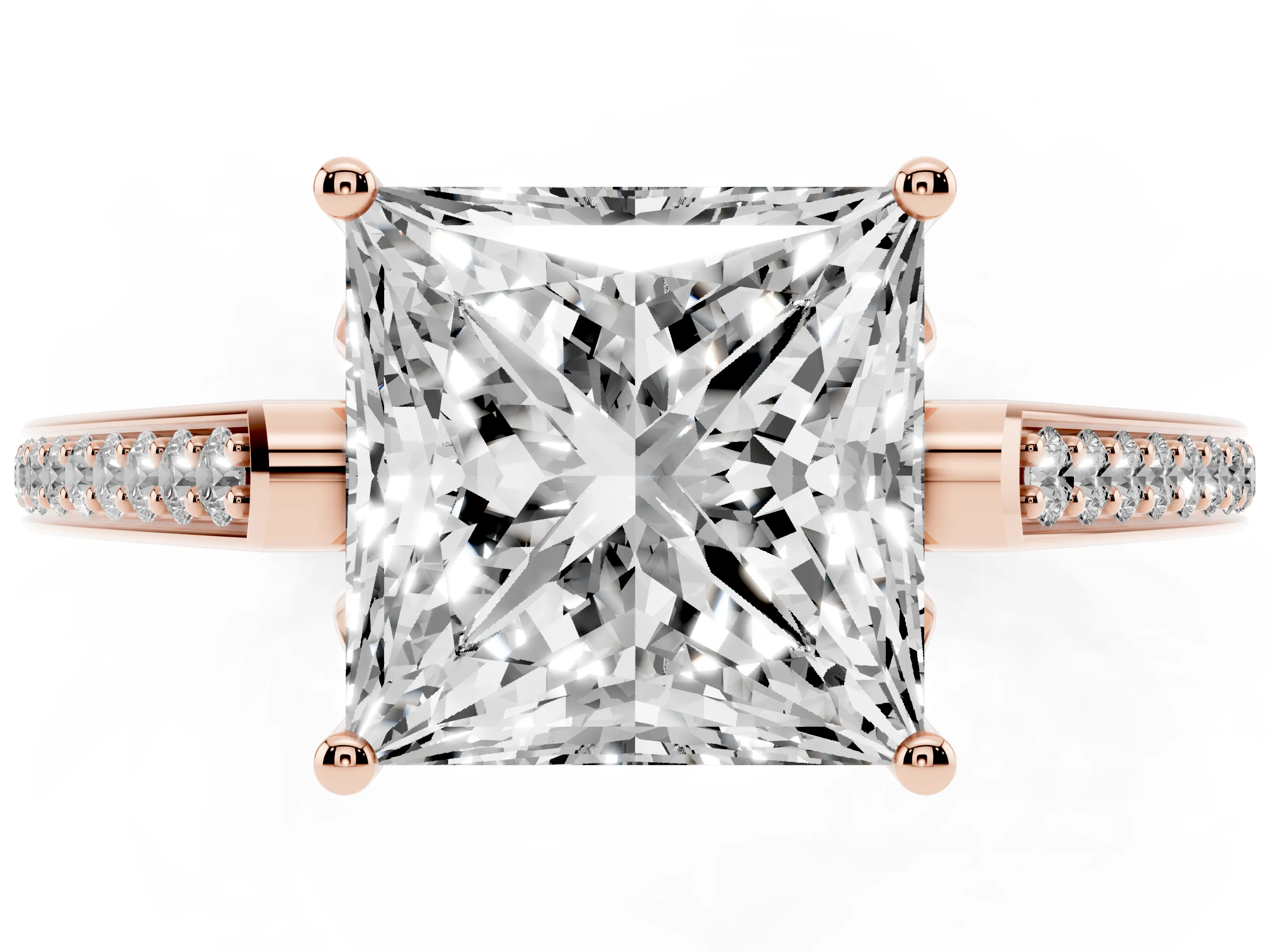 Princess Cut Diamond Cathedral Pavé Engagement Ring Set in Rose gold with Prong Setting