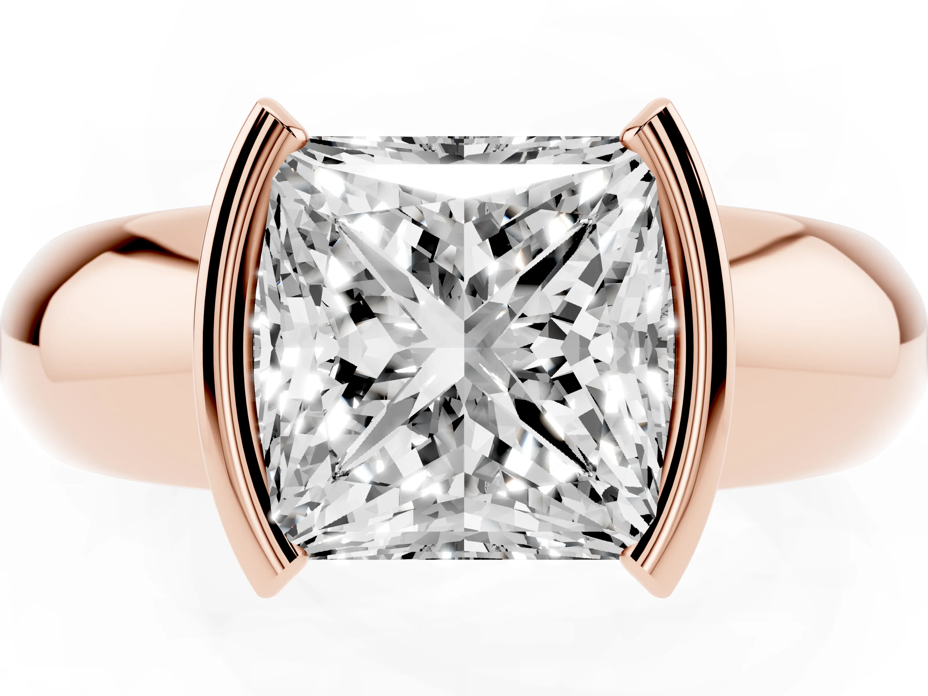 Princess Cut Diamond Solitaire Tension Set Ring Set in Rose gold with Wide Band