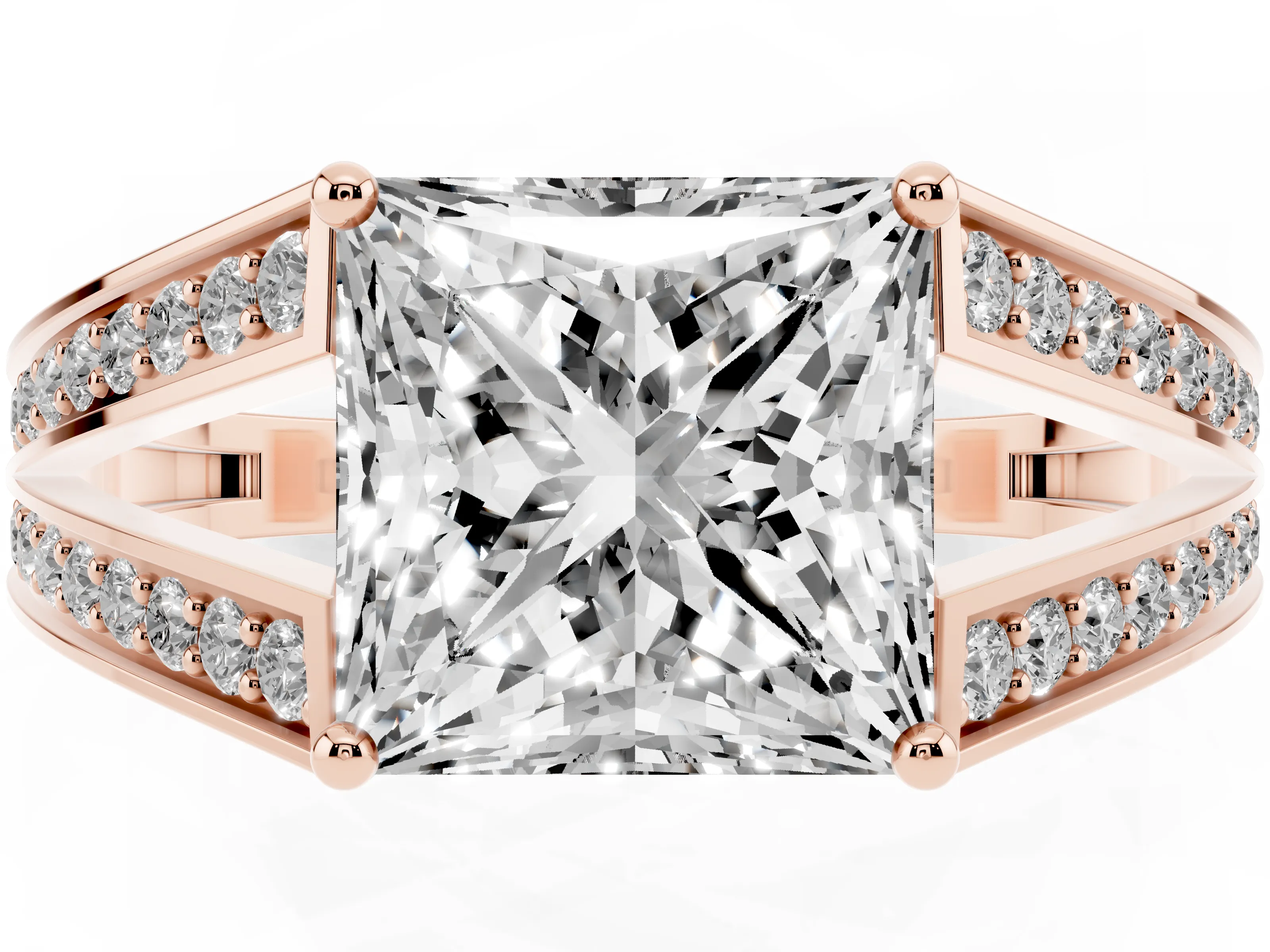 Princess Cut Diamond Split Shank Ring Set in Rose gold with Pavé Band and Prong Setting