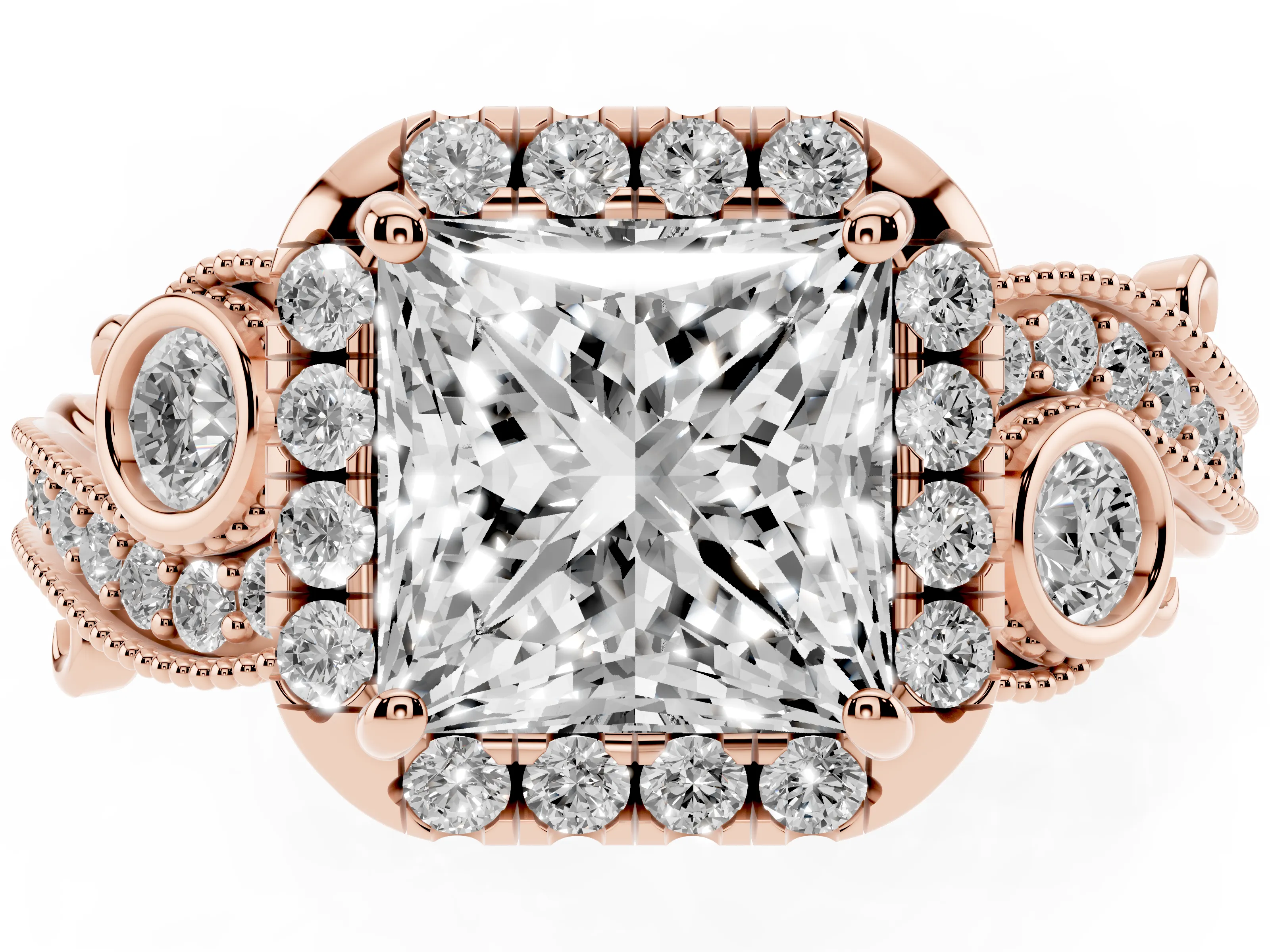 Princess Cut Diamond Halo Ring Set in Rose gold with Milgrain Pavé Band and Prong Setting
