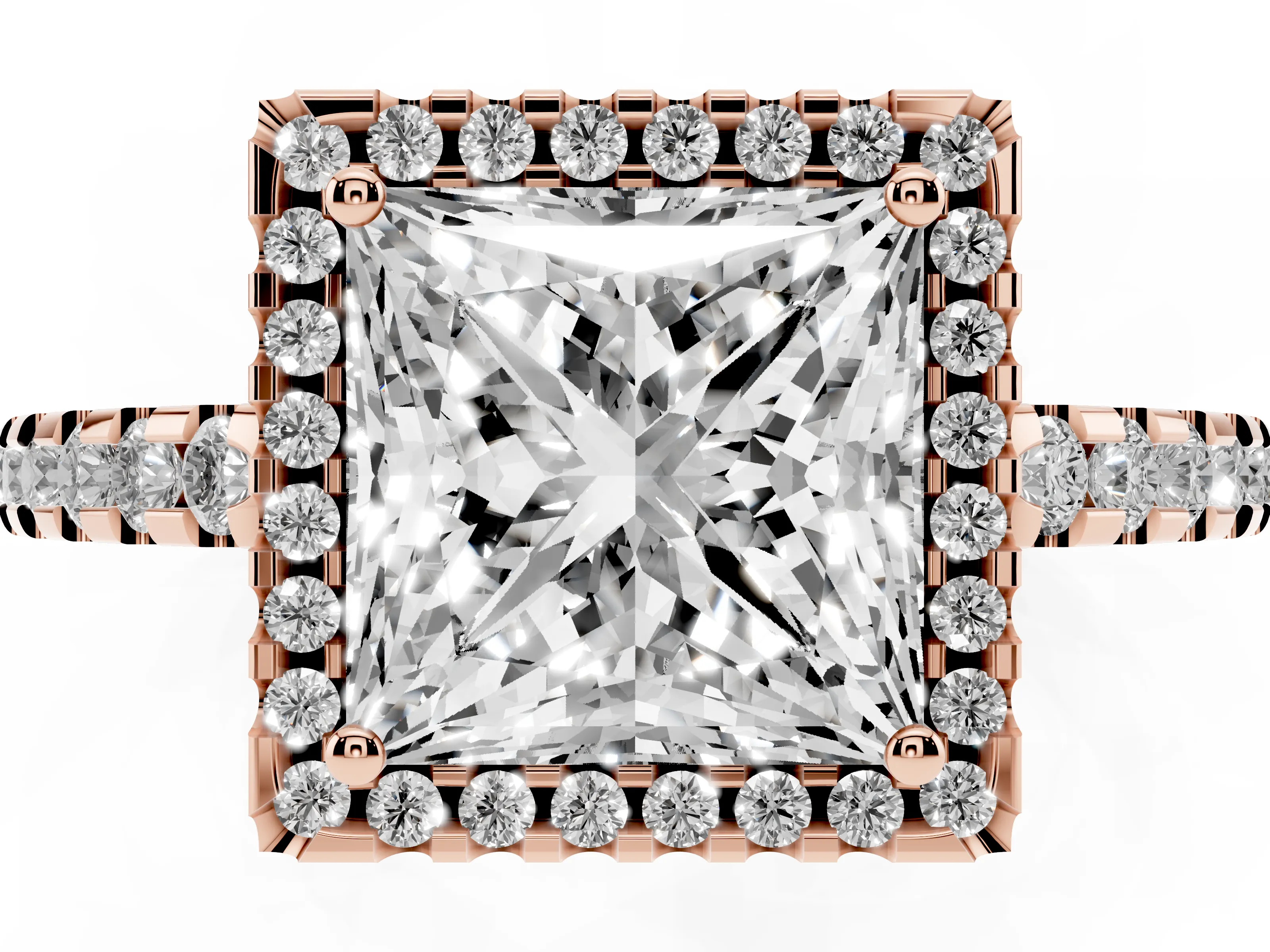 Princess Cut Diamond Halo Ring Set in Rose gold with Pavé Shoulders and Halo-Framed Center