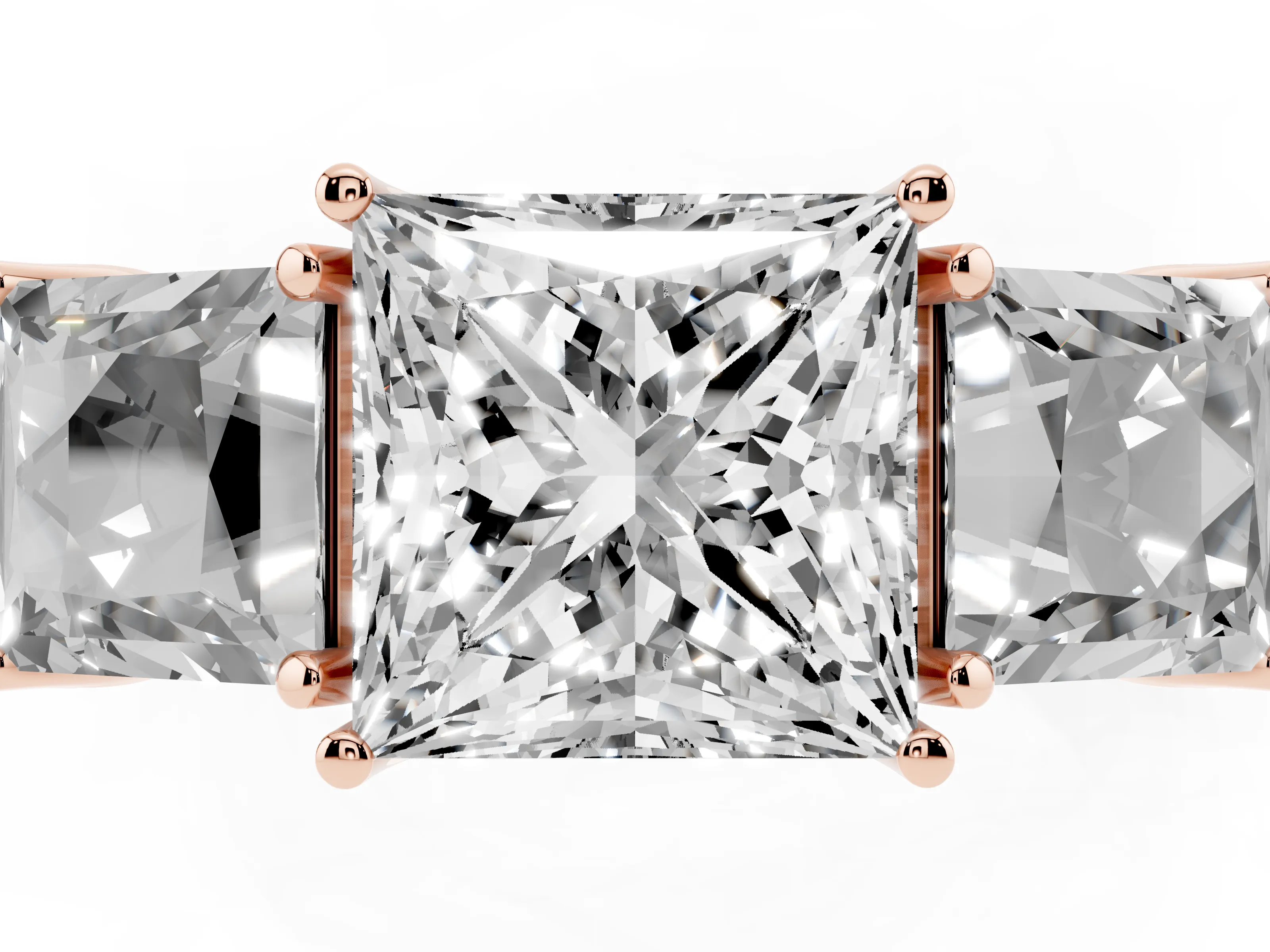 Princess Cut Diamond Three-Stone Engagement Ring Set in Rose gold with Milgrain Pavé Band