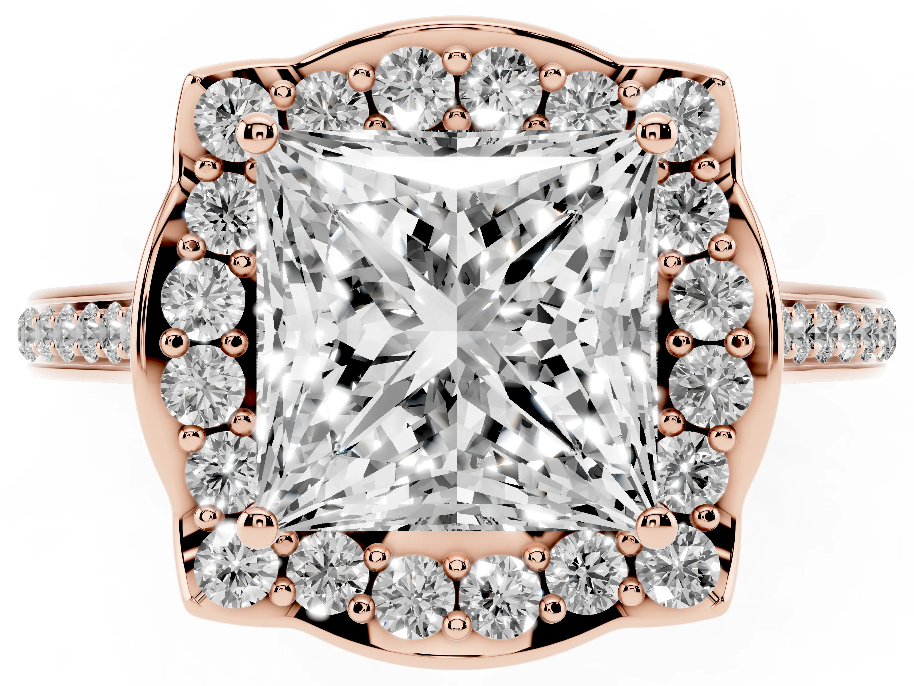 Princess Cut Diamond Halo Ring Set in Rose gold with Pavé-Lined Shoulders and Prong Setting