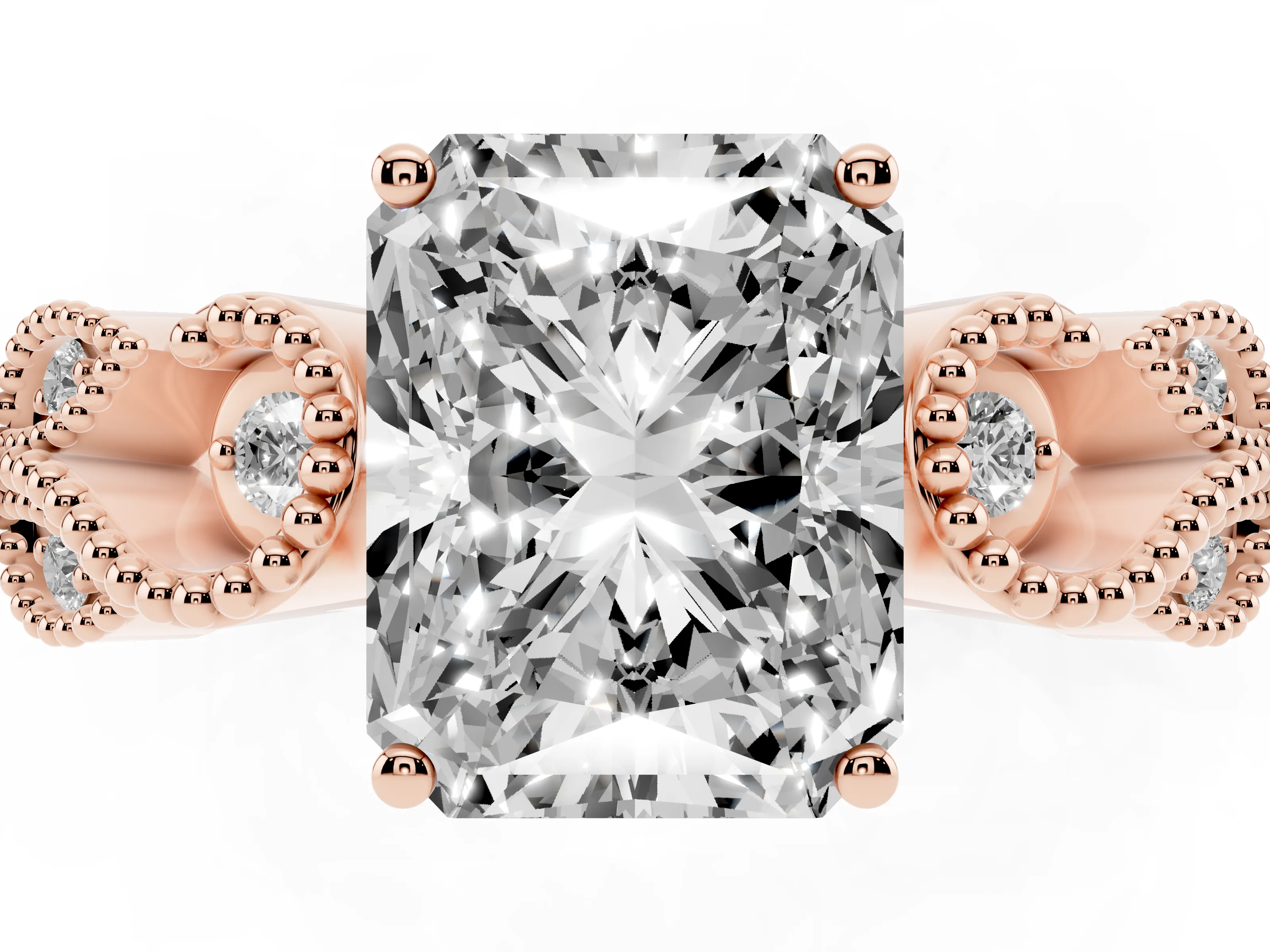 Princess Cut Diamond Milgrain Leaf Band Solitaire Ring Set in Rose gold with Accent Stones and Prong Setting