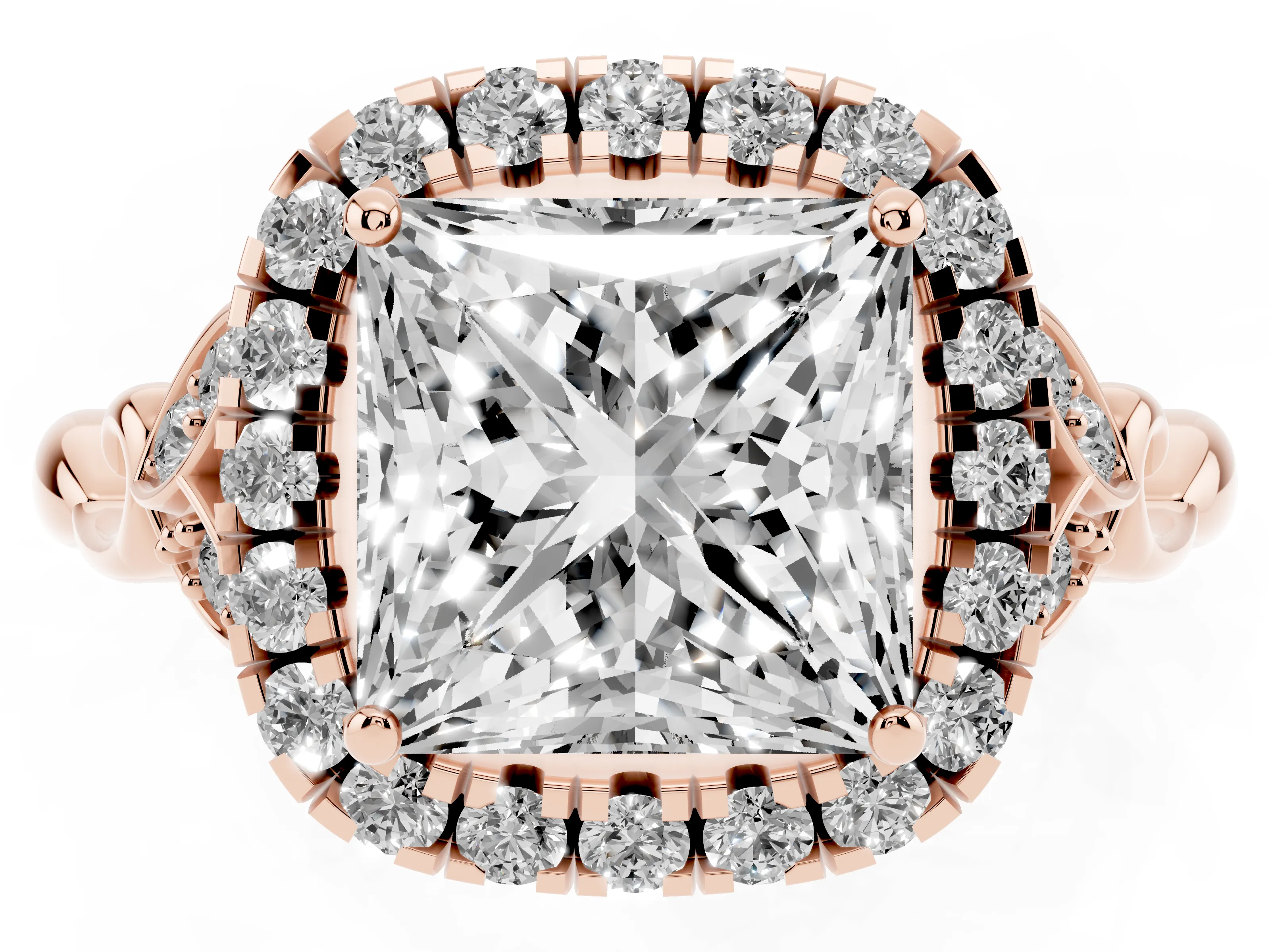 Princess Cut Diamond Halo Engagement Ring Set in Rose gold with Vintage-Inspired Band and Prong Setting